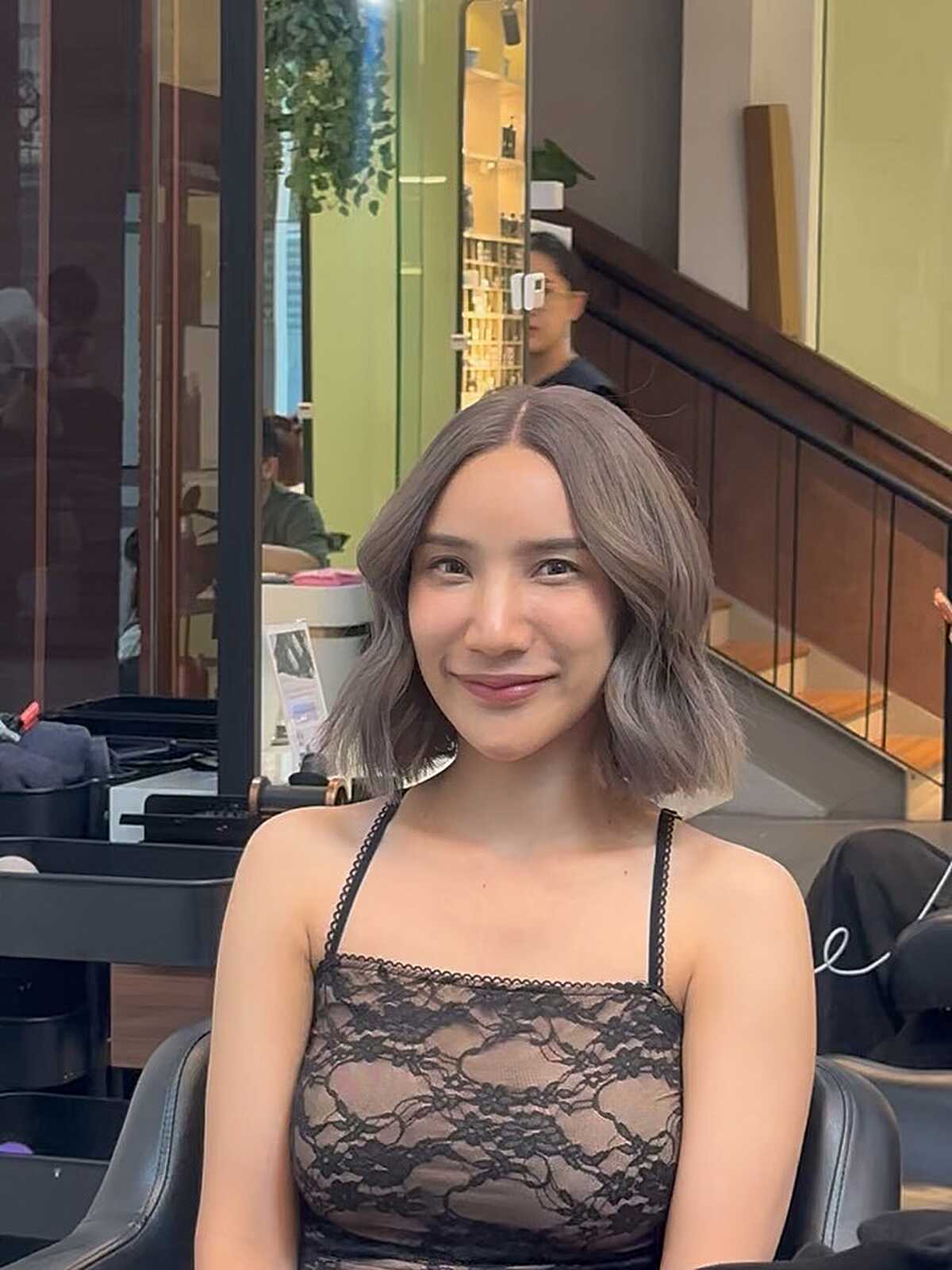 Mushroom brown bob with lavender tone and flipped ends