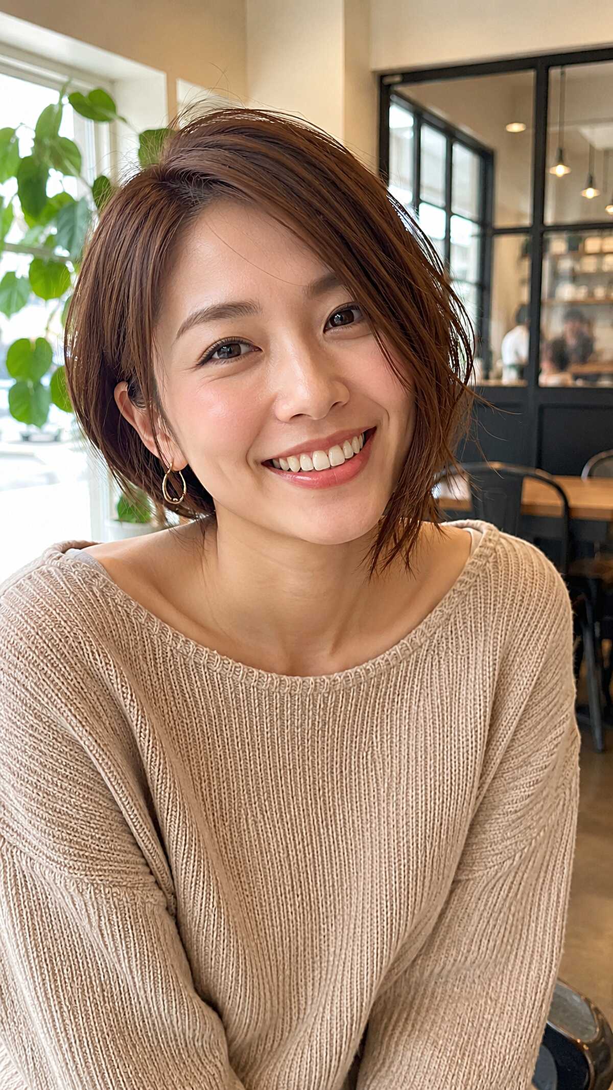 Soft feathered asymmetrical bob in warm brunette