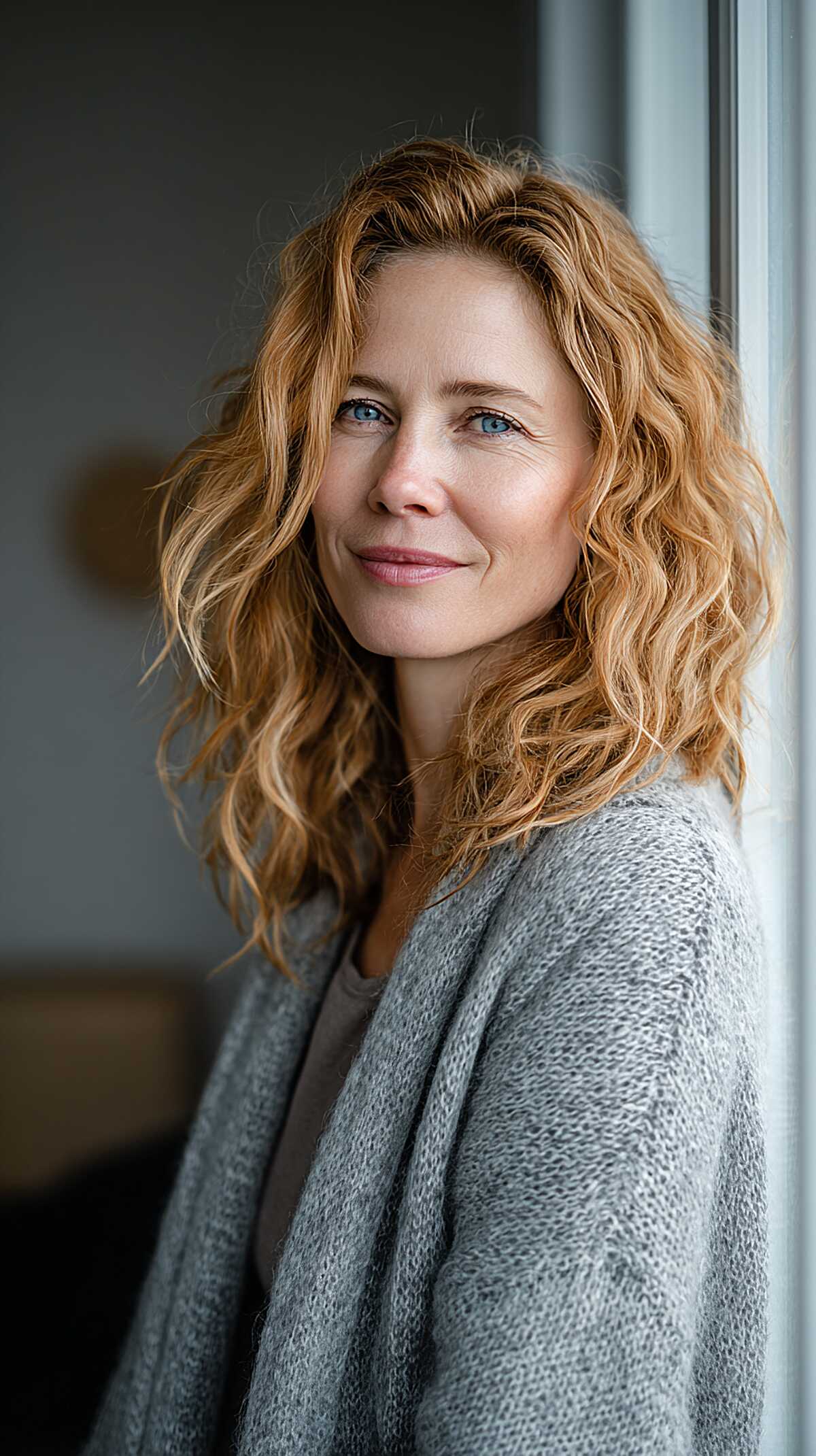 Strawberry blonde wavy feathered layers past shoulders