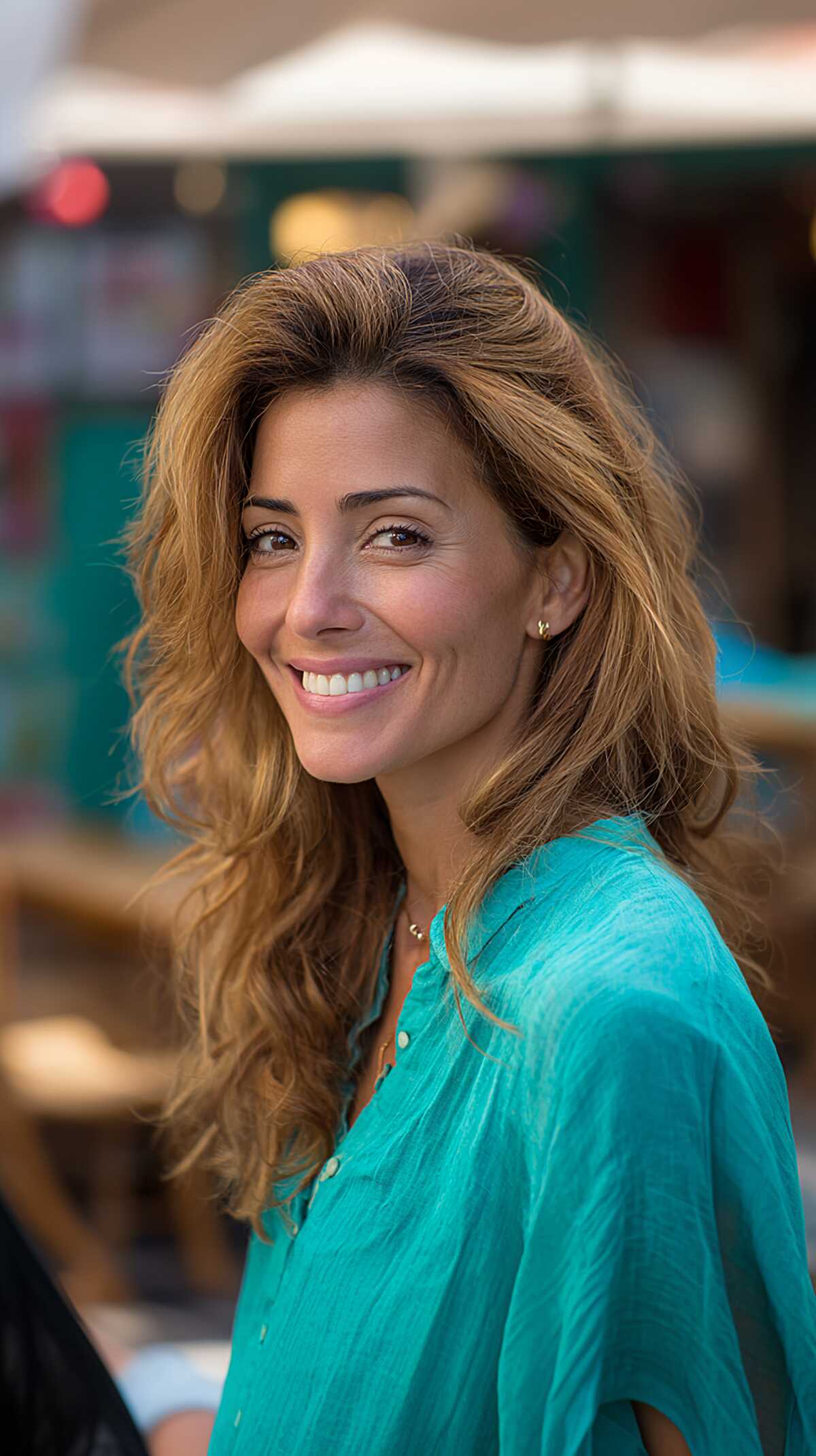 Sun-kissed caramel feathered long layers with side part