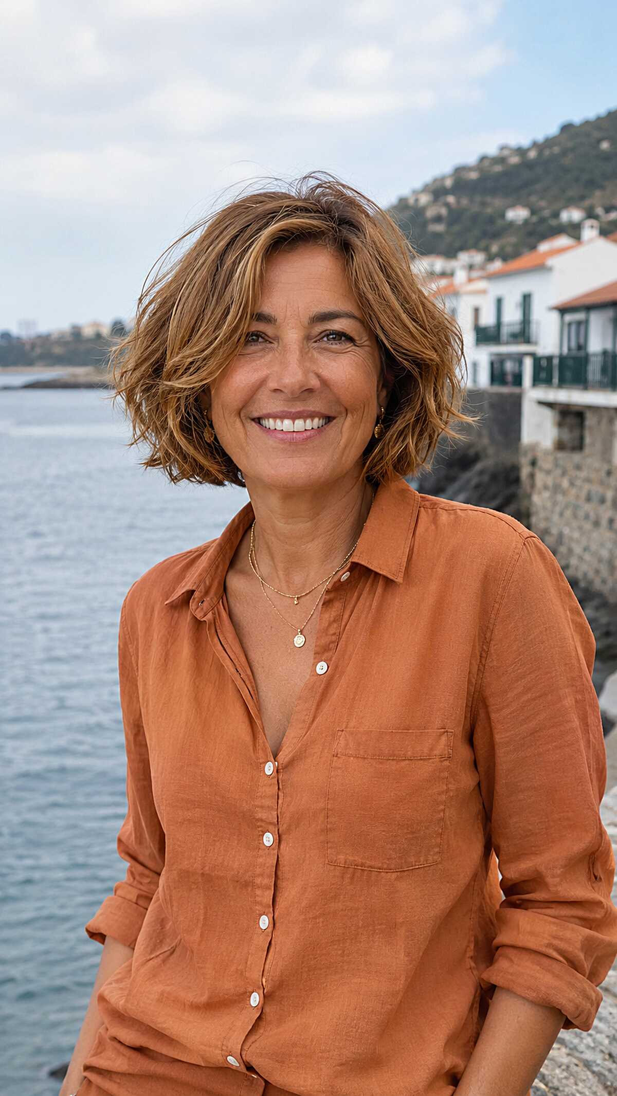 Tawny brown sun-streaked bob with beachy waves