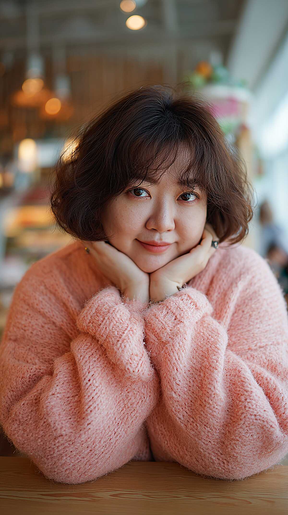 Sweet wavy dark brown chin-length bob with bangs