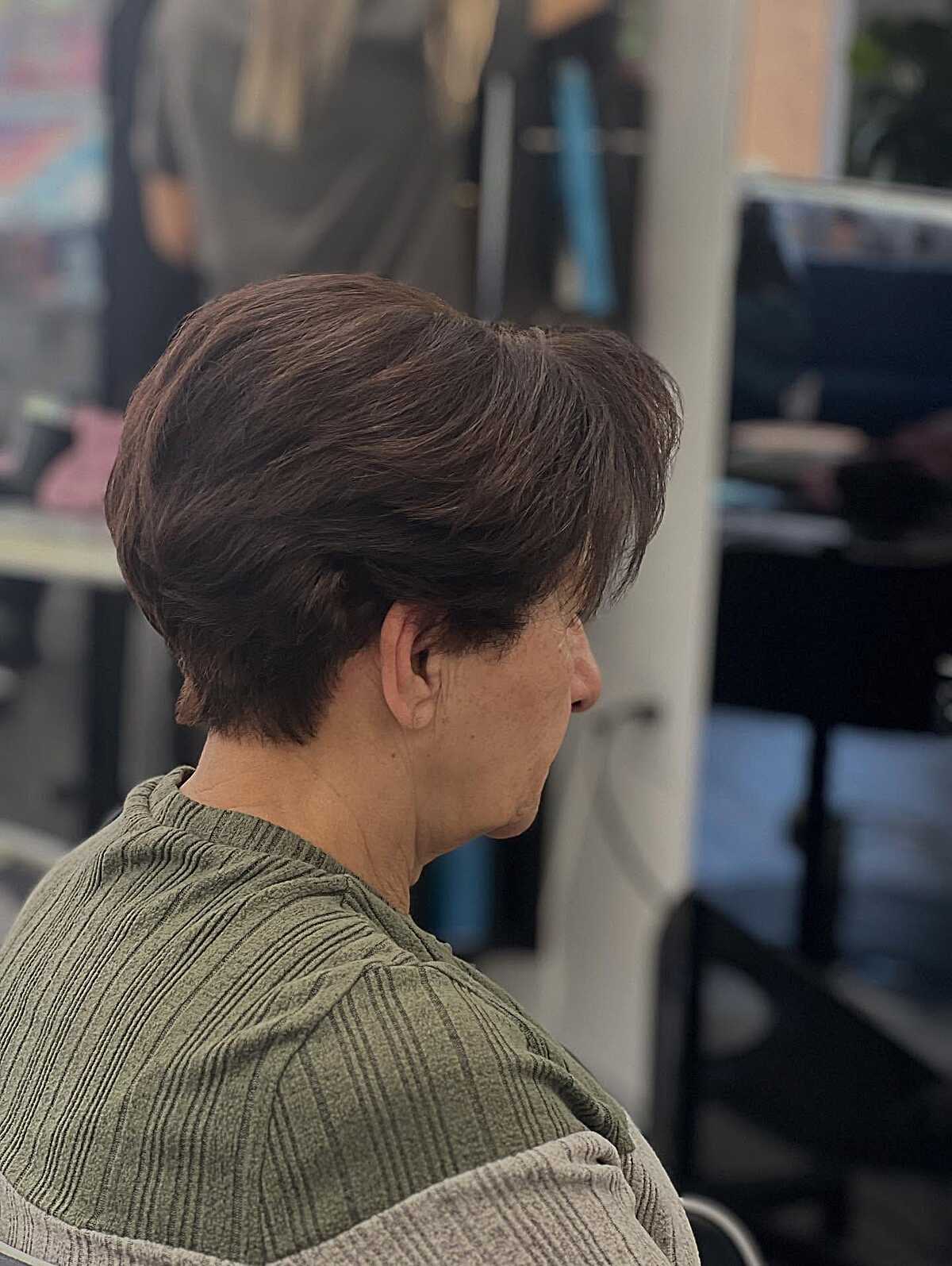 Tapered dark brunette bixie with volume at the crown