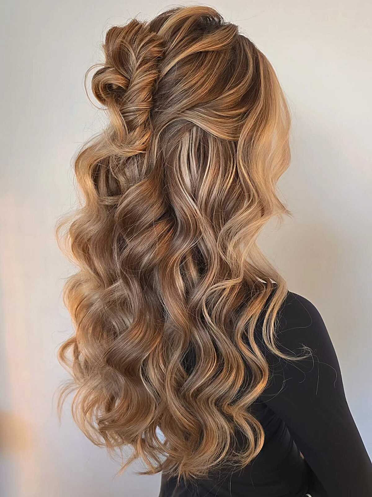 Caramel bronde half up with textured twist and curls