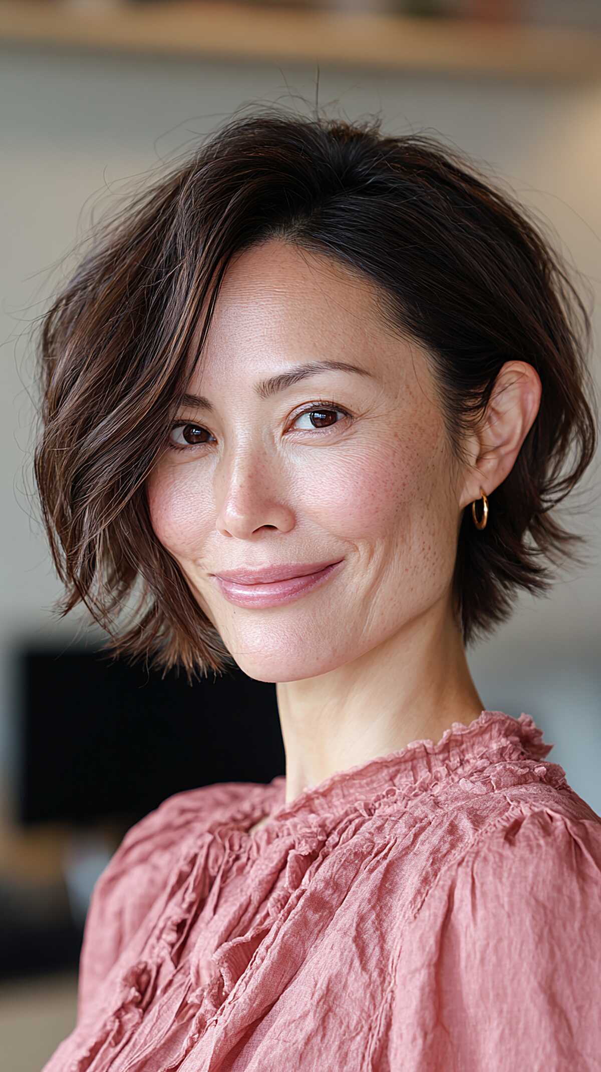 Wavy dark chocolate asymmetrical bob with texture