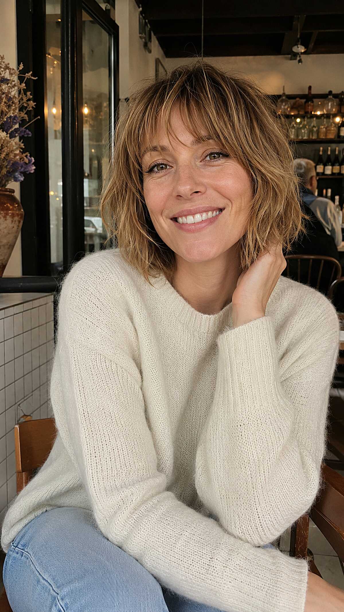 Tousled bronde choppy bob with soft curtain bangs