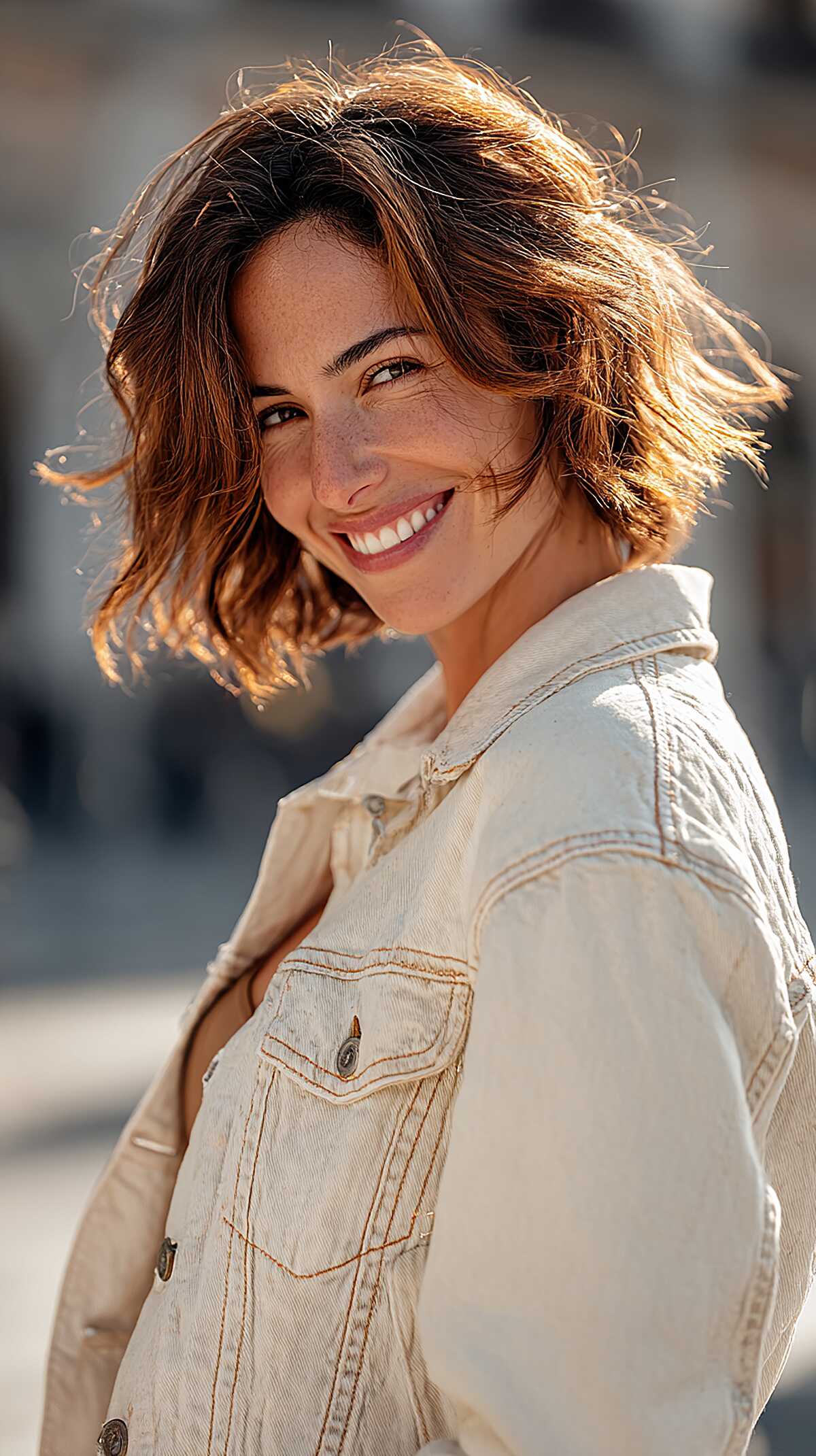 Tousled caramel brown bob with sun-lit highlights