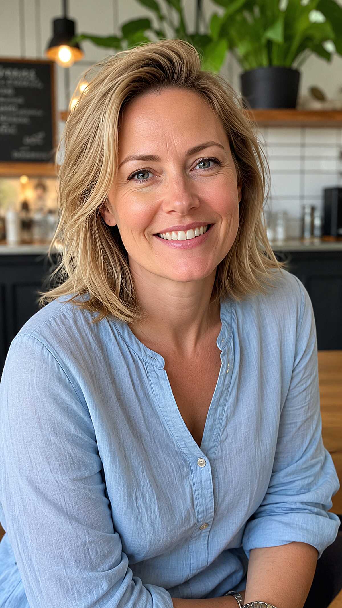 Tousled golden blonde feathered lob with side part
