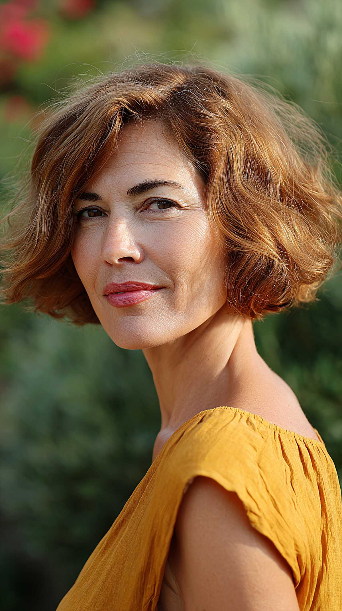 Warm auburn textured bob with loose waves and volume