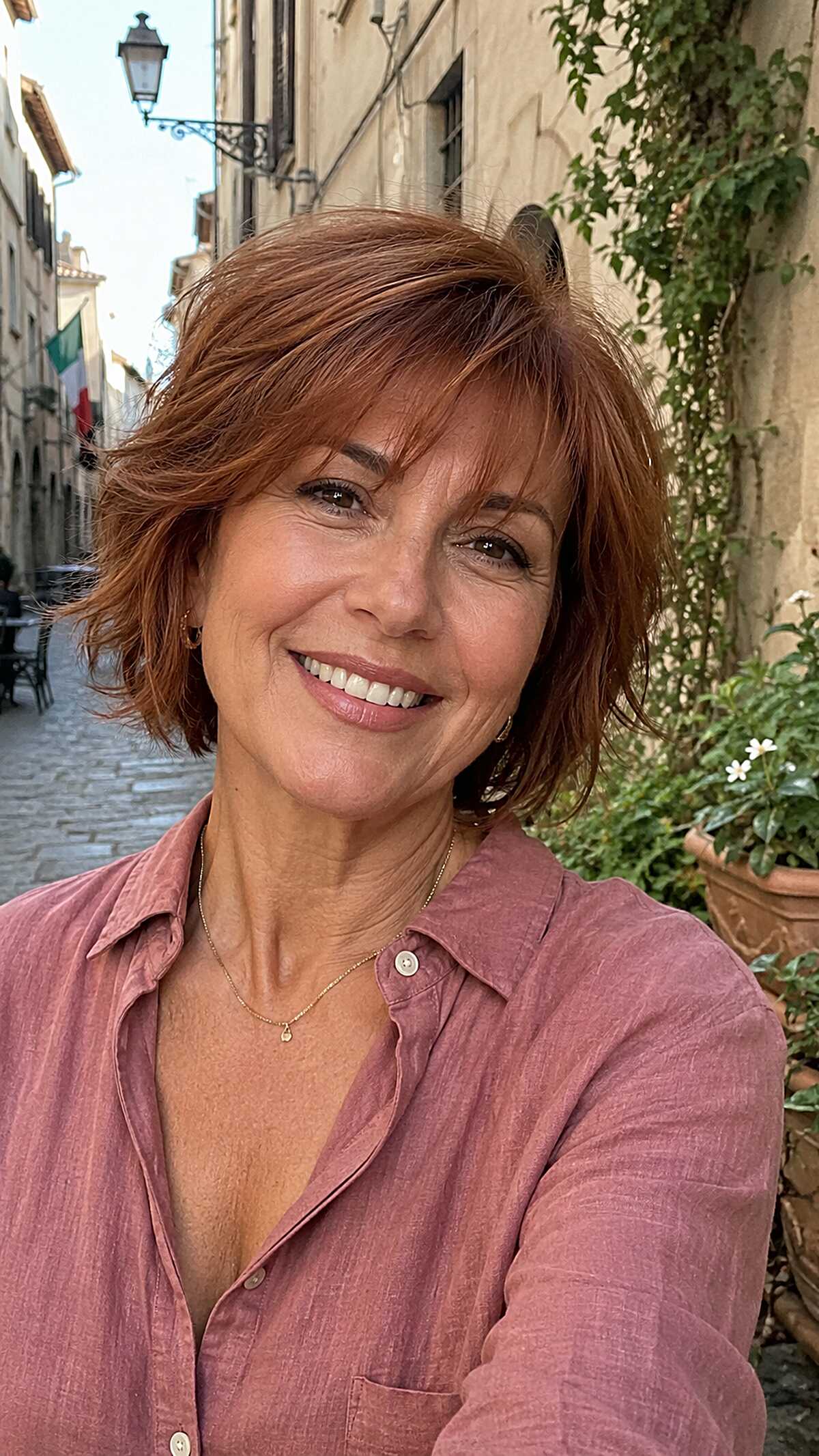 Warm auburn choppy bob with flipped textured layers