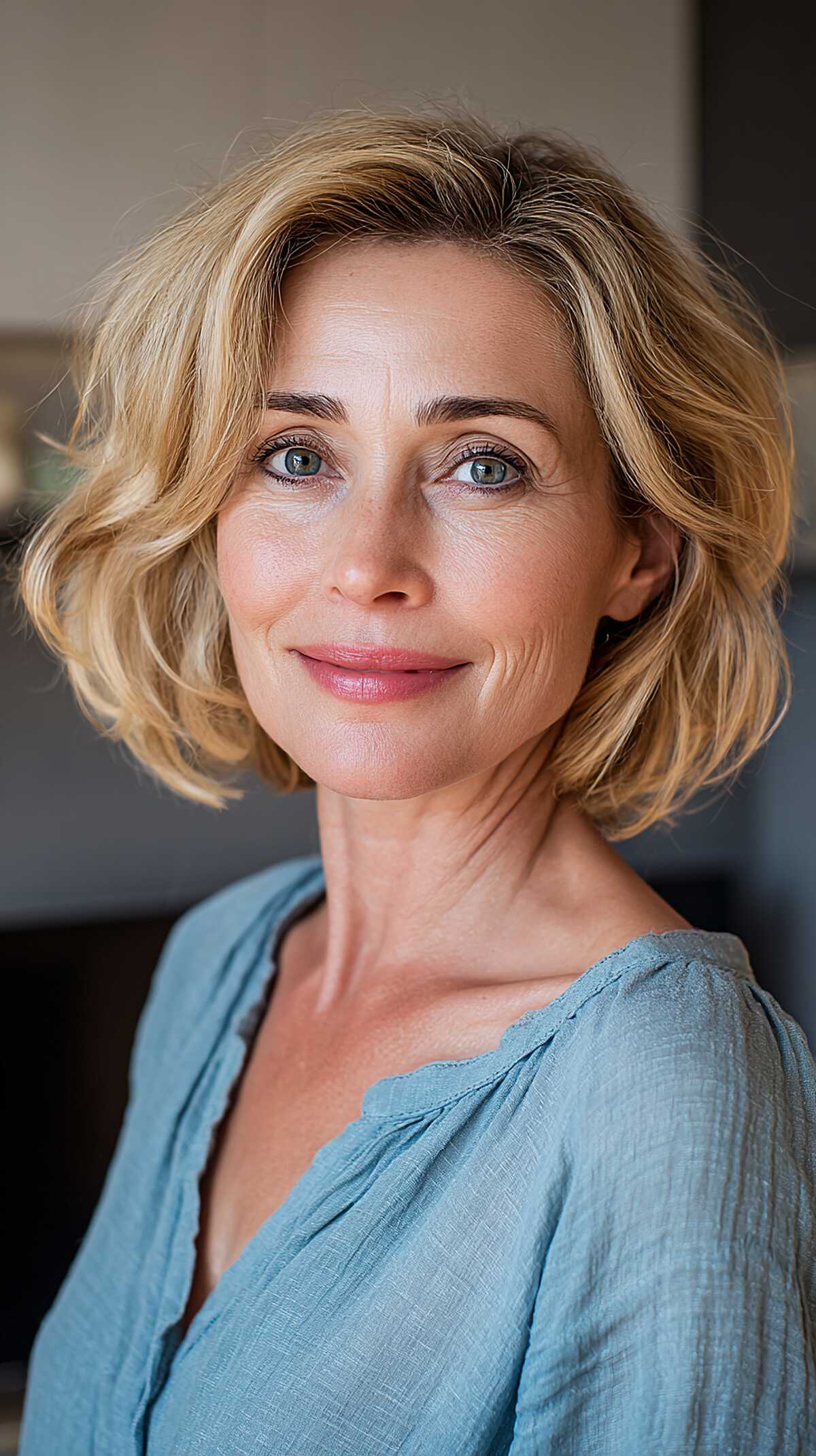 Warm blonde wavy feathered bob just above shoulders