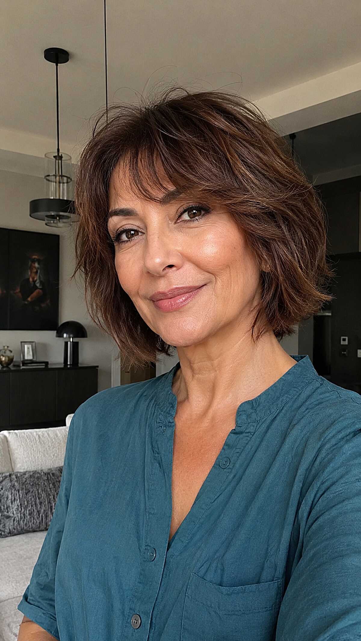 Warm brunette choppy bob with subtle caramel highlights