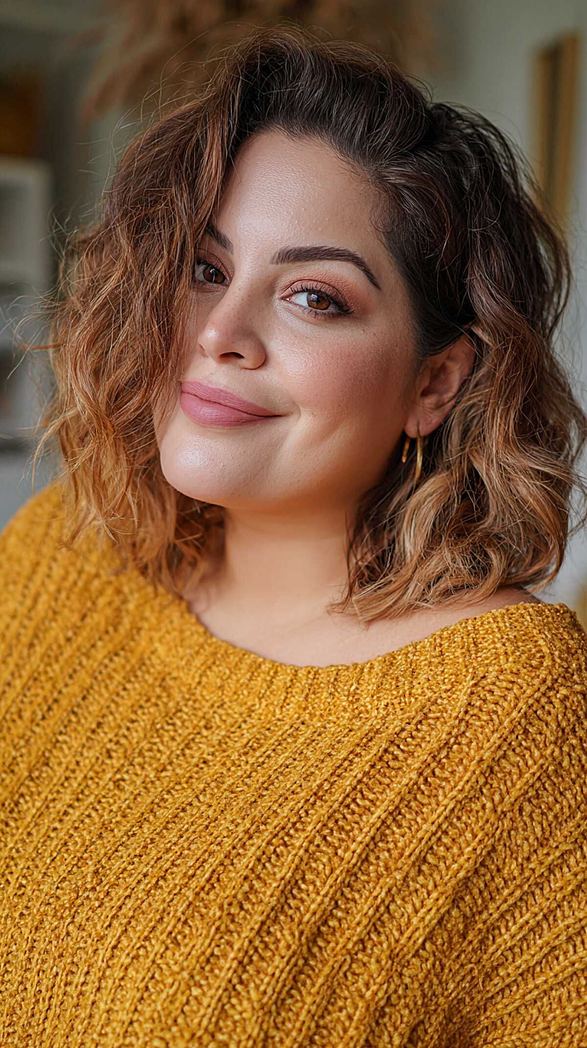 Curly caramel highlighted bob with dark roots