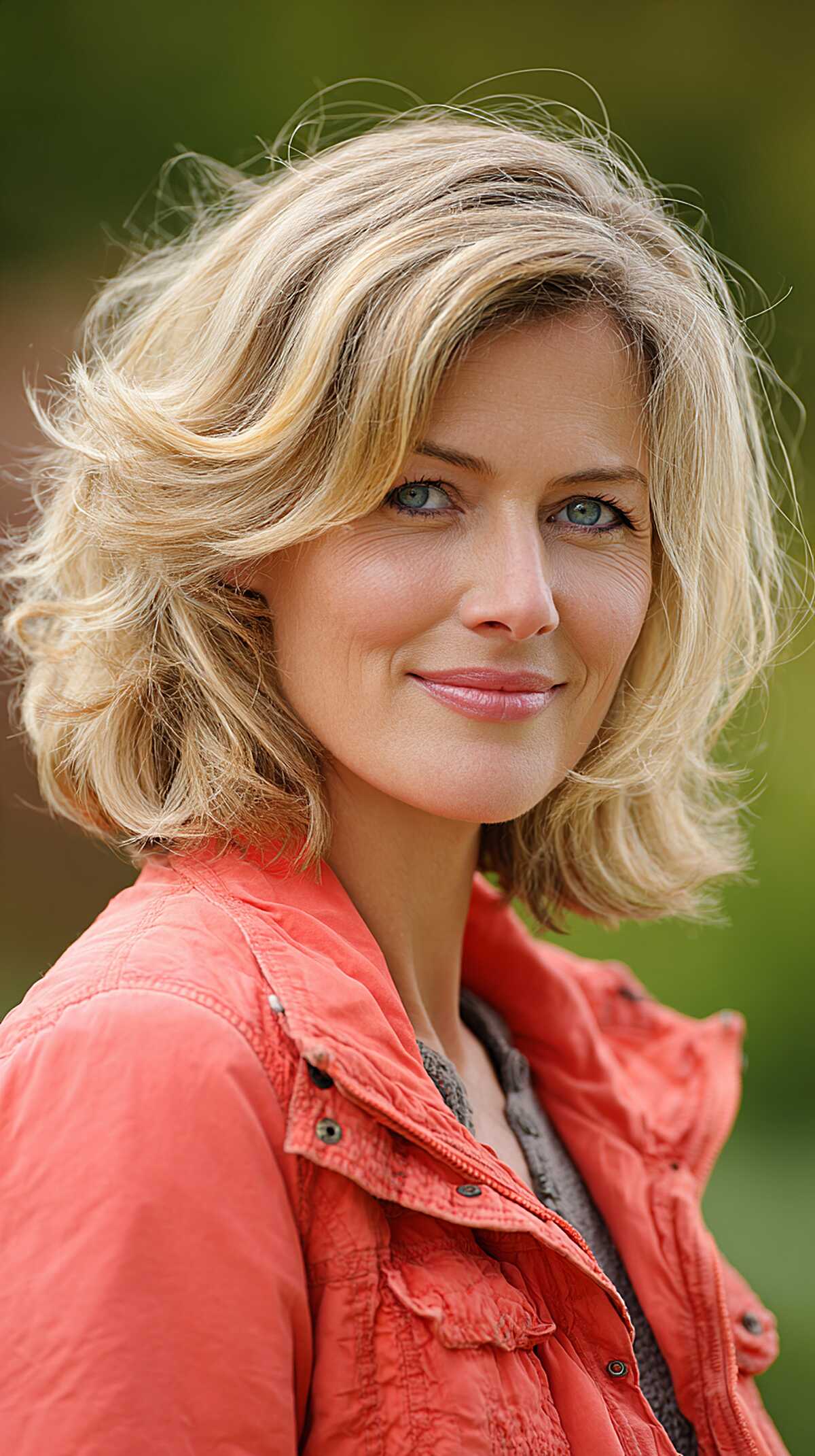 Wavy blonde feathered bob with natural movement