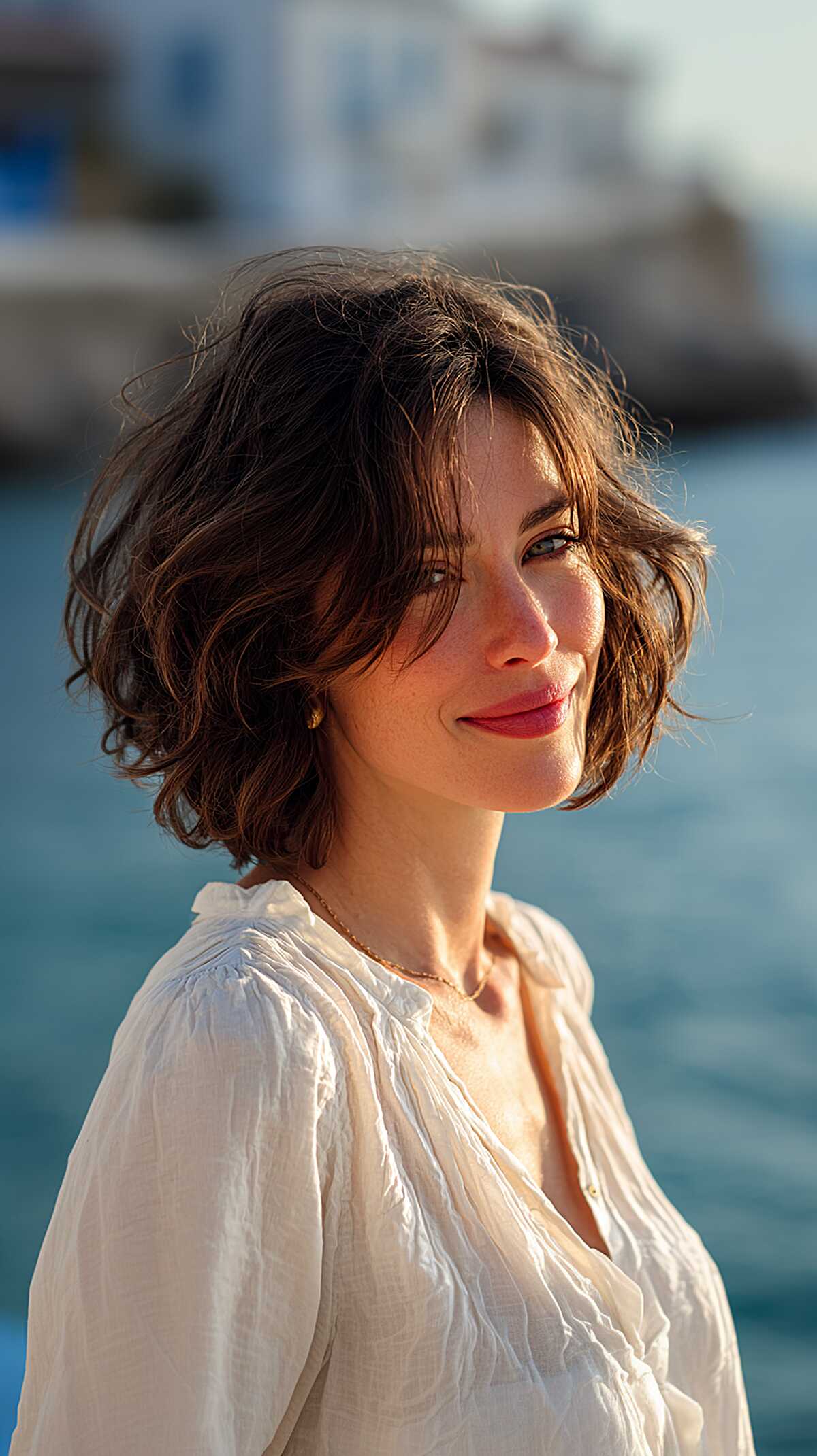 Wavy dark brunette chin-length bob by the water