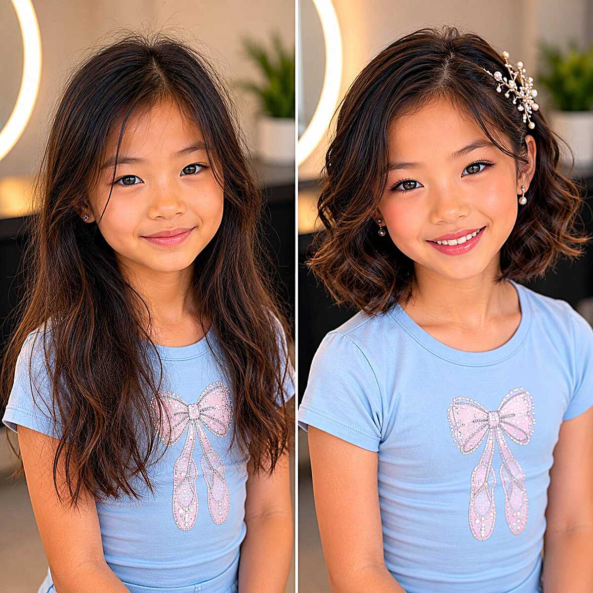 Before and after of girl going from long hair to wavy bob