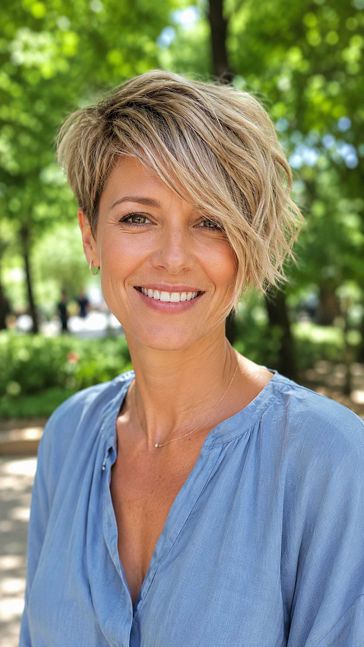 Short blonde pixie with feathered layers and highlights