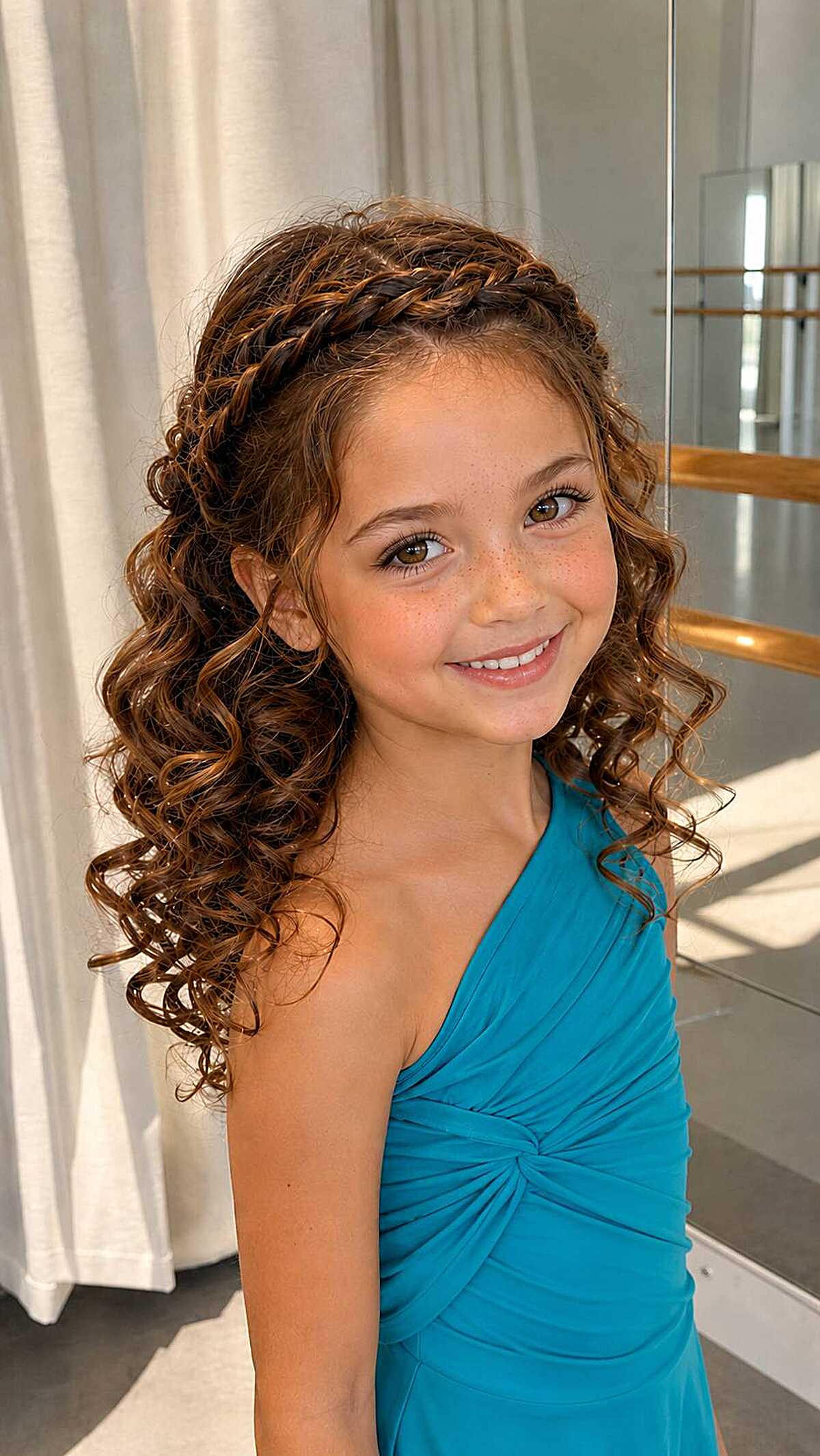 Girl with braided headband and loose natural curly hair