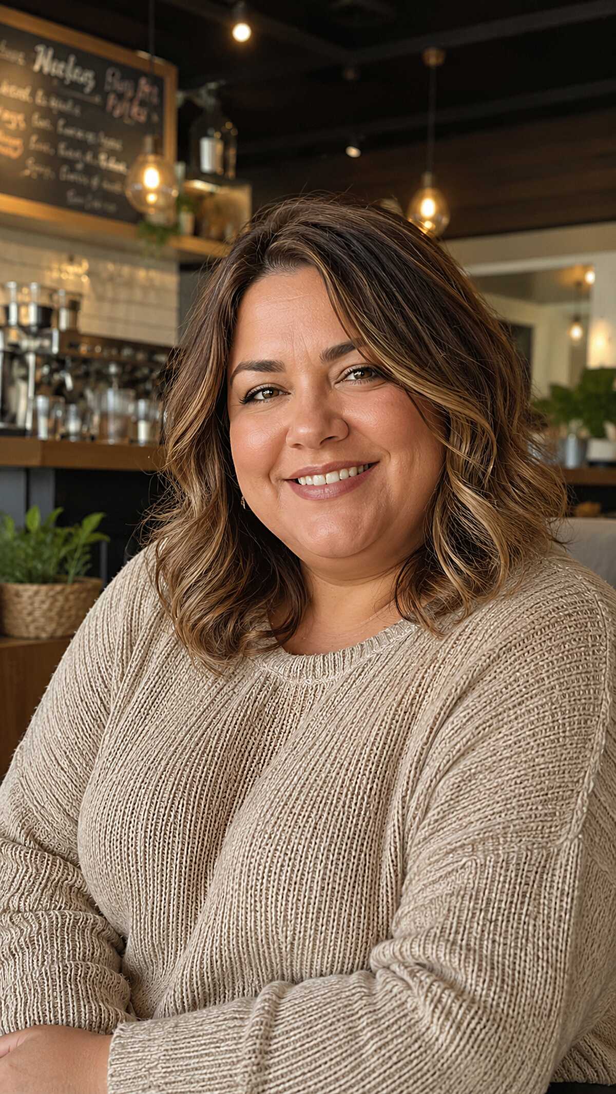 Brown balayage long bob with soft waves in a café setting