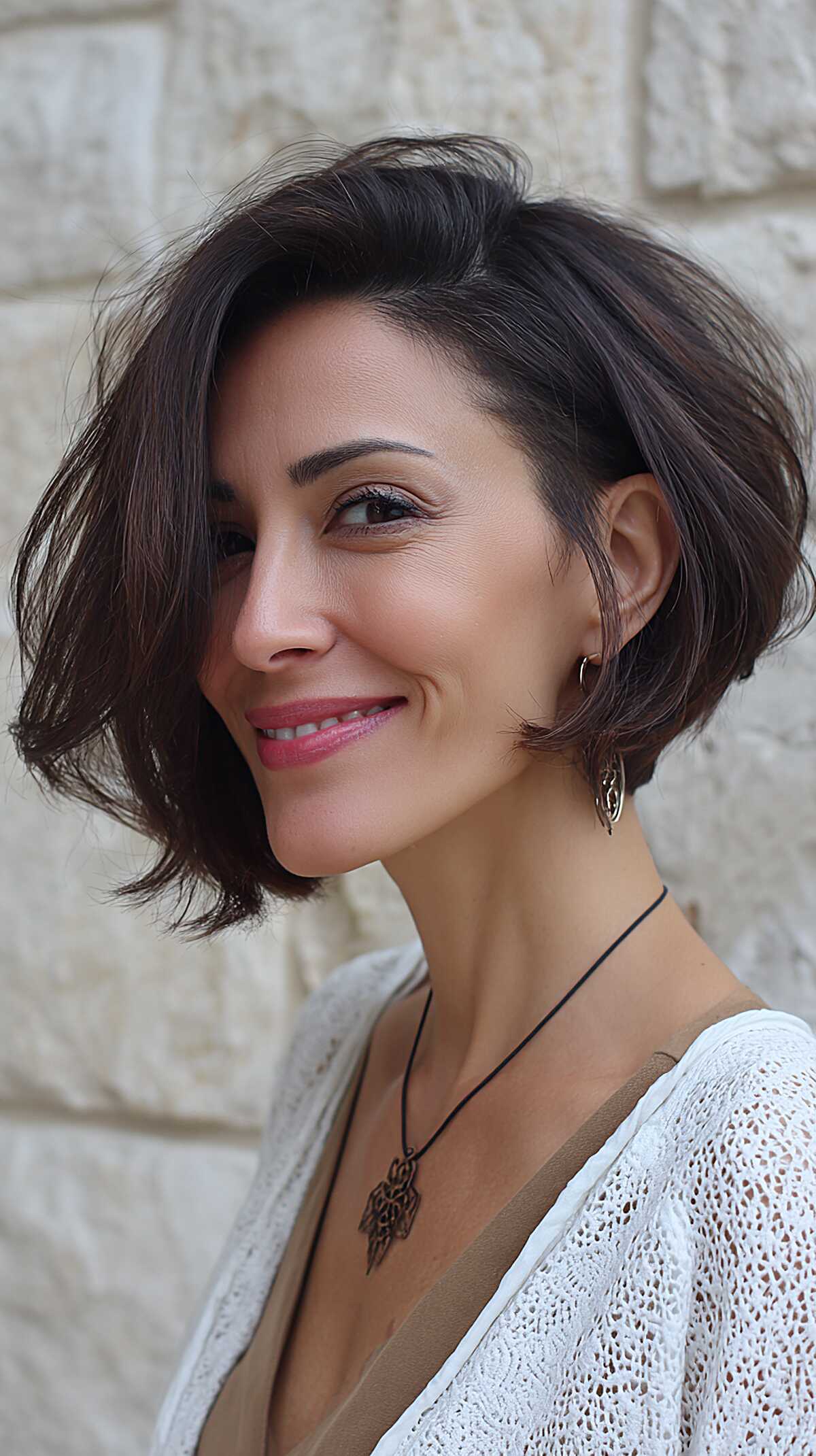 Dark brunette chin-length asymmetrical bob with volume