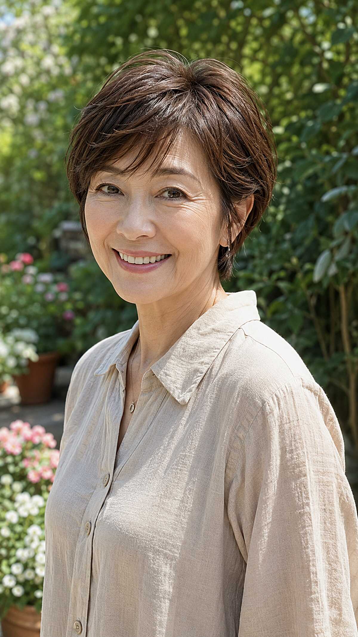 Brunette layered long pixie with side-swept top