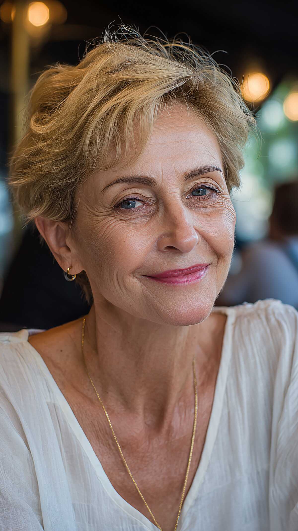Casual honey blonde side-swept pixie on older woman