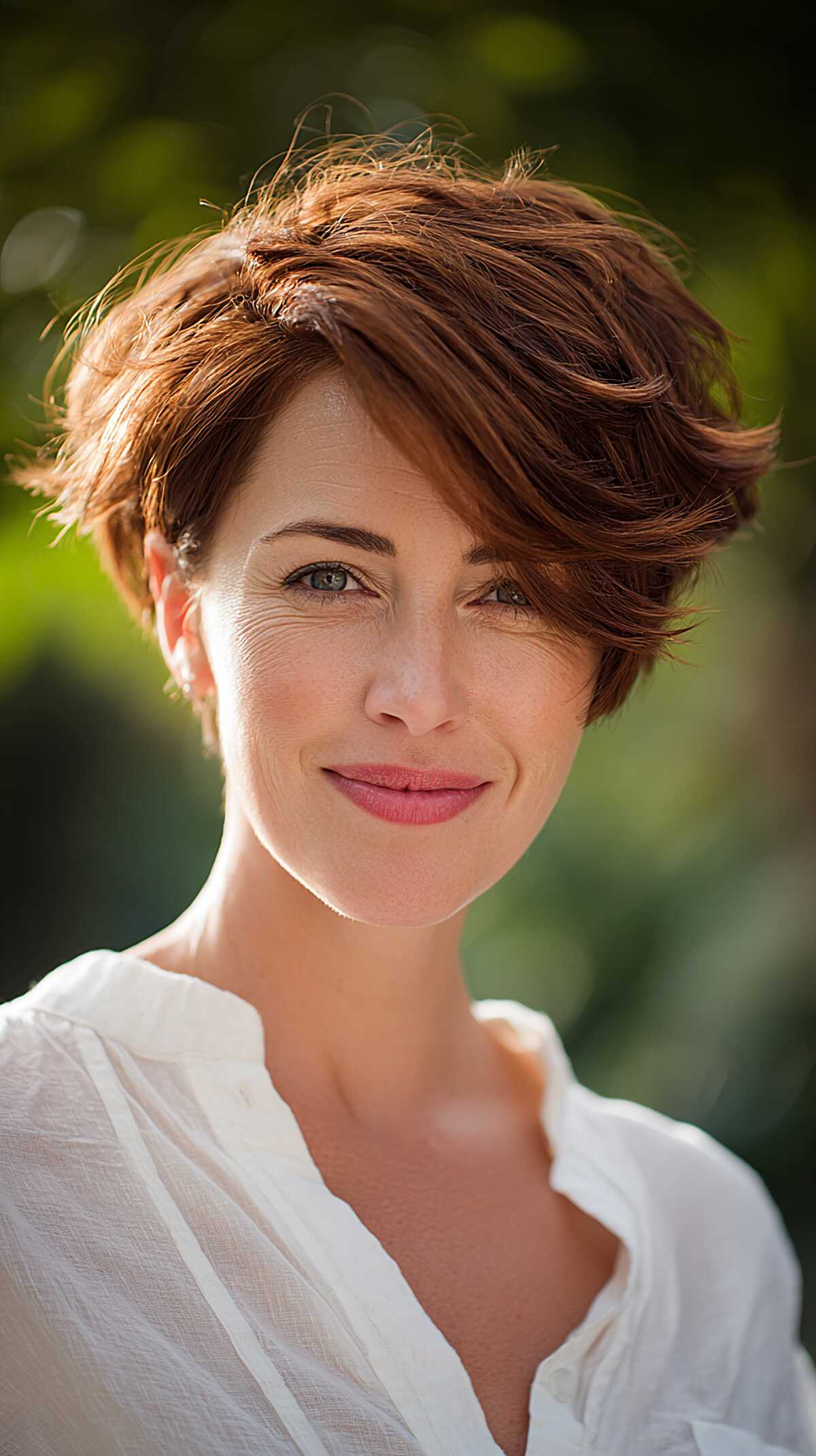 Short copper red pixie haircut with tousled texture
