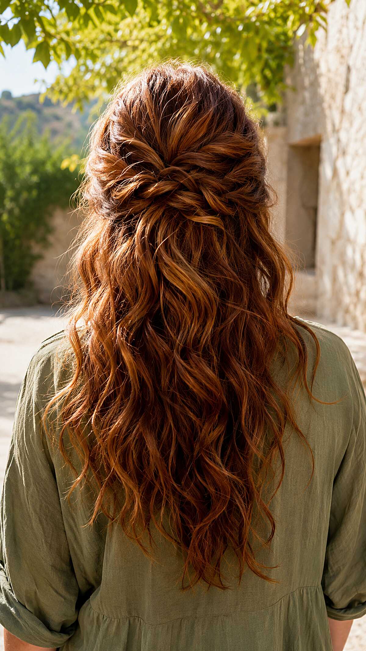 Long copper red hair in a textured half up style