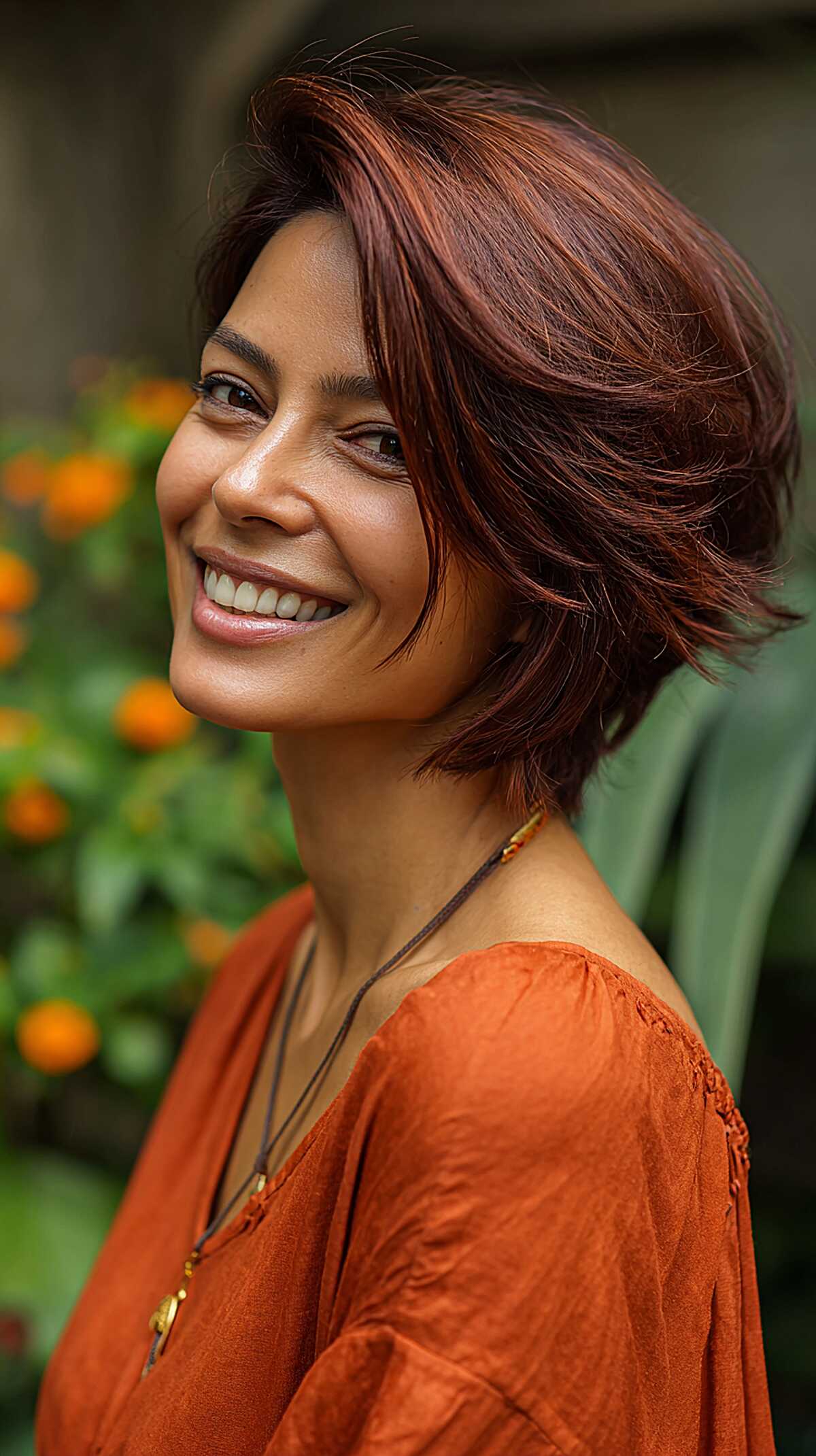Copper-red short layered bob with bouncy movement