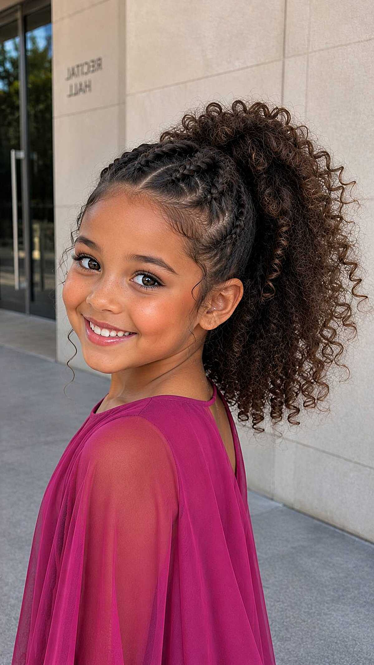 Girl with cornrow braids and big curly puff ponytail