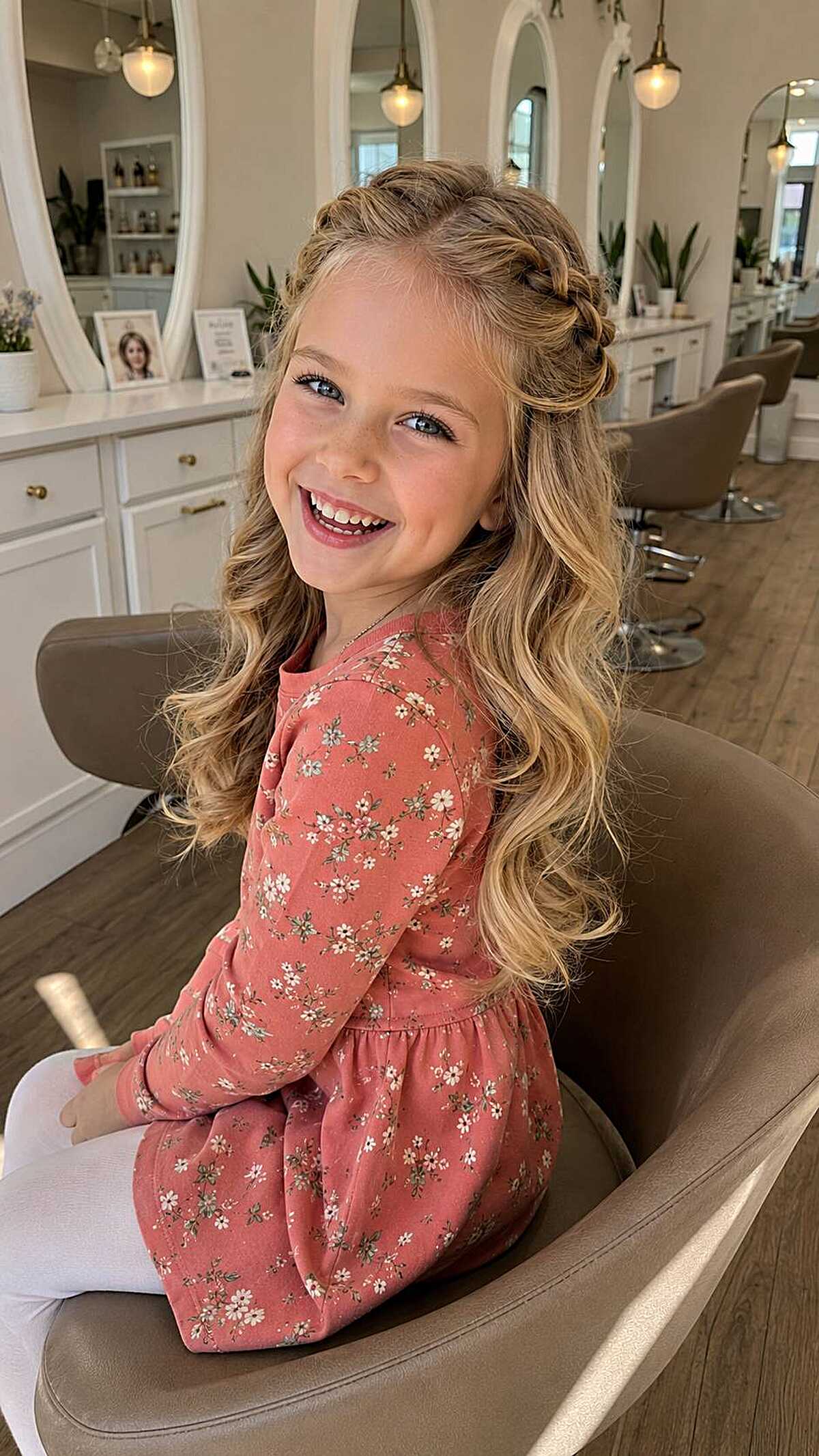 Girl with crown braid and long cascading blonde curls