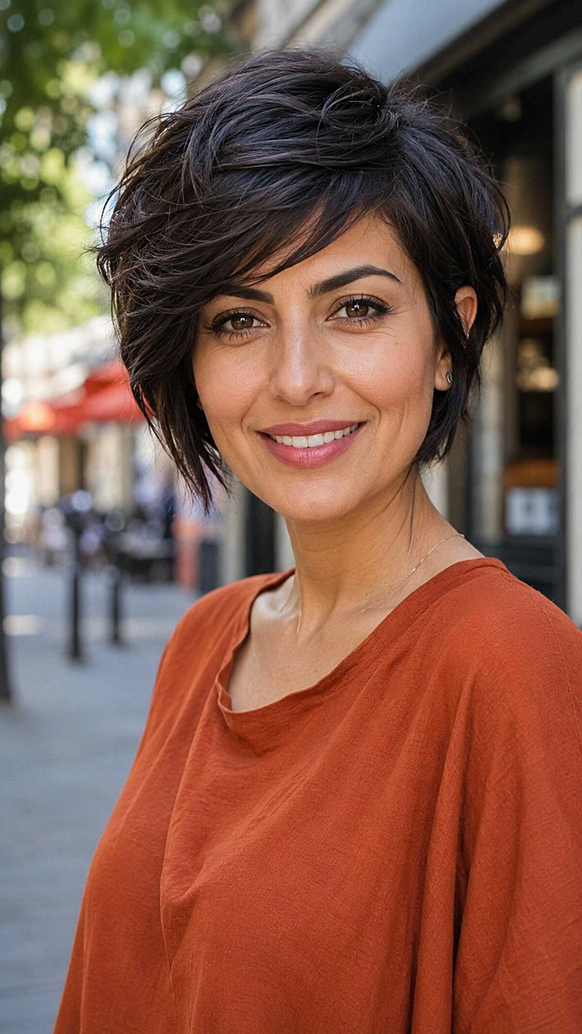 Dark choppy asymmetrical pixie with textured crown