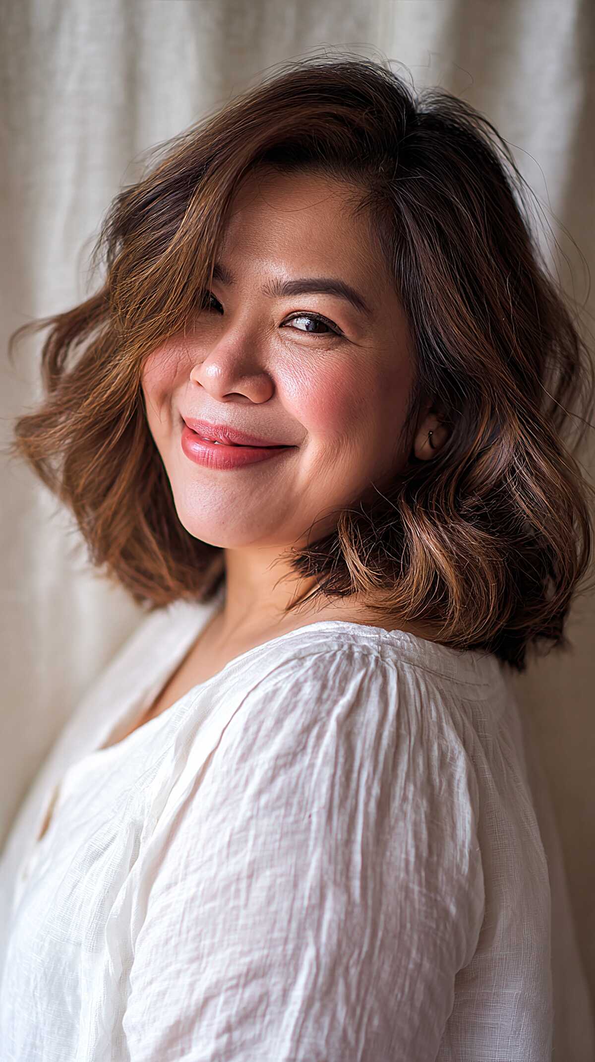 Deep brunette wavy bob with caramel highlights and volume