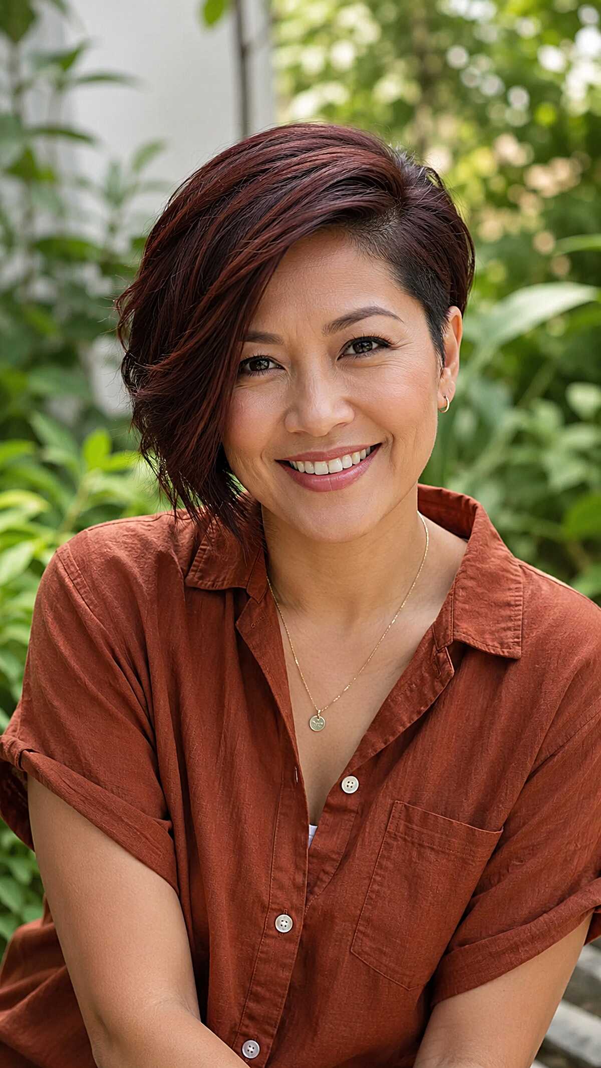 Deep red mahogany asymmetrical bob with side part