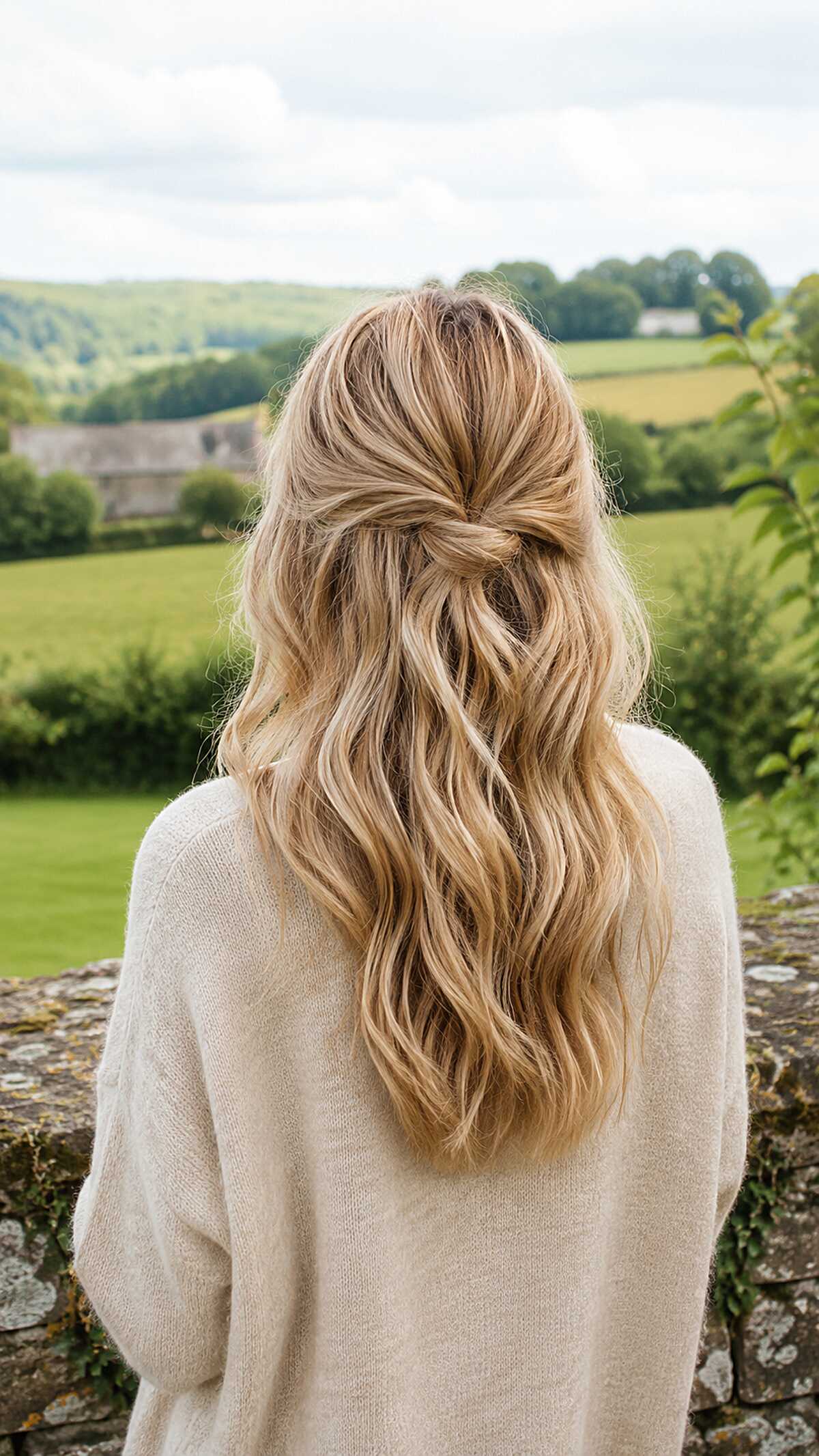 Blonde half up half down with loose natural waves