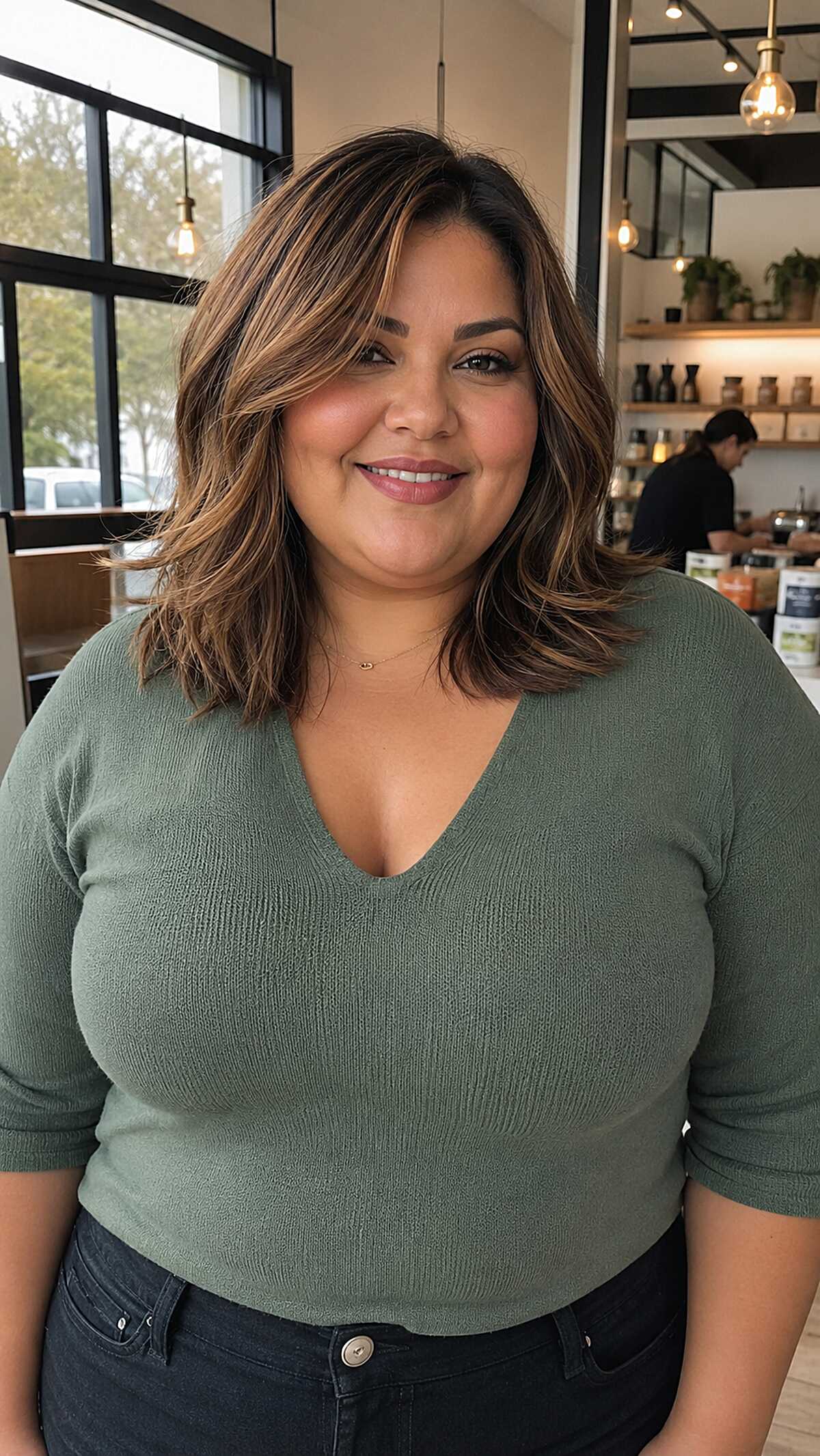 Layered long bob with caramel face-framing on dark brunette