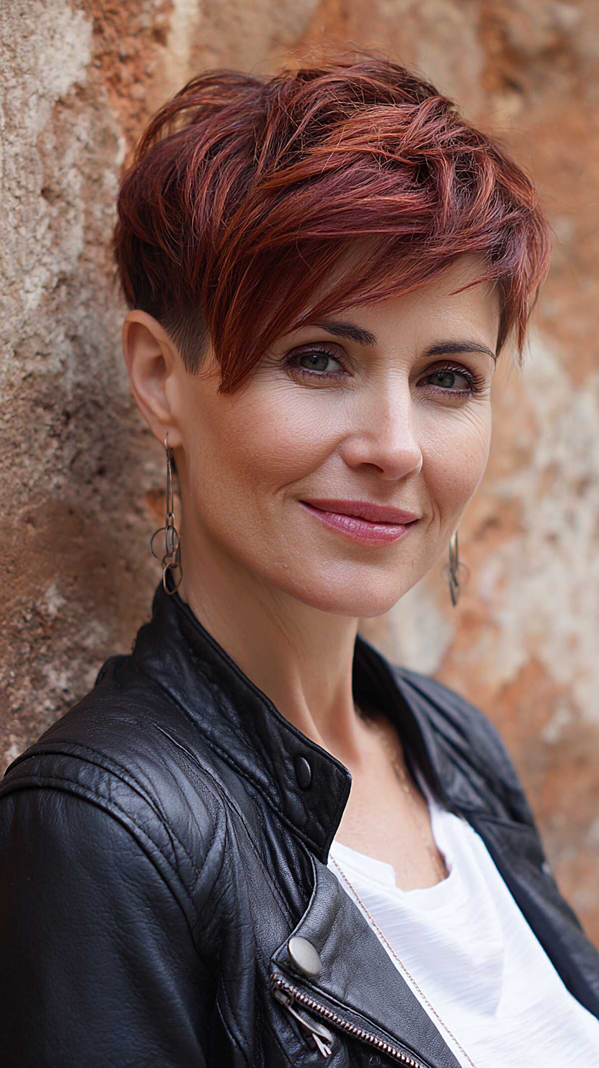 Bold red asymmetrical pixie with tapered sides
