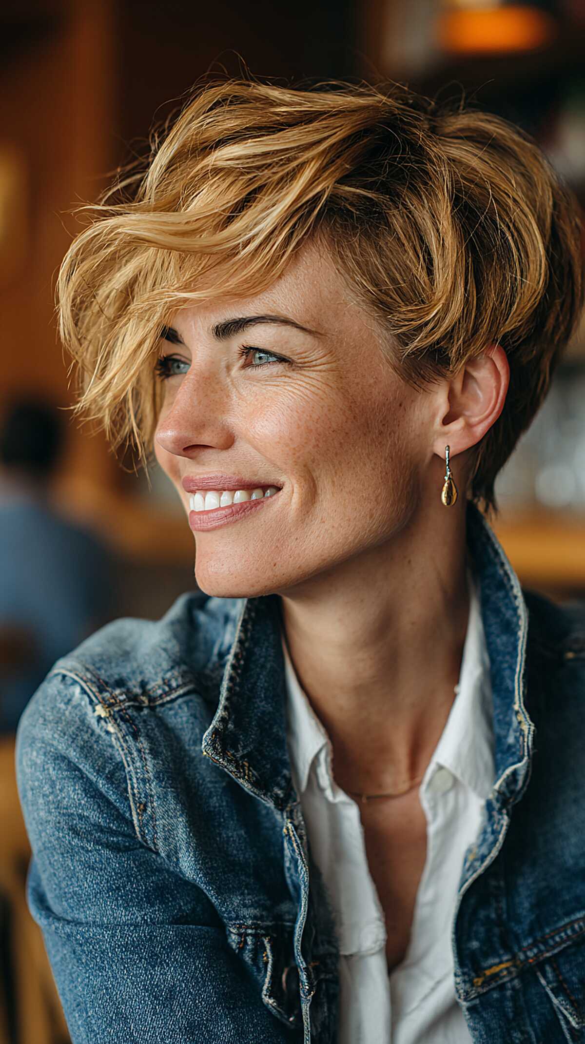 Blonde highlighted asymmetrical pixie with wavy fringe