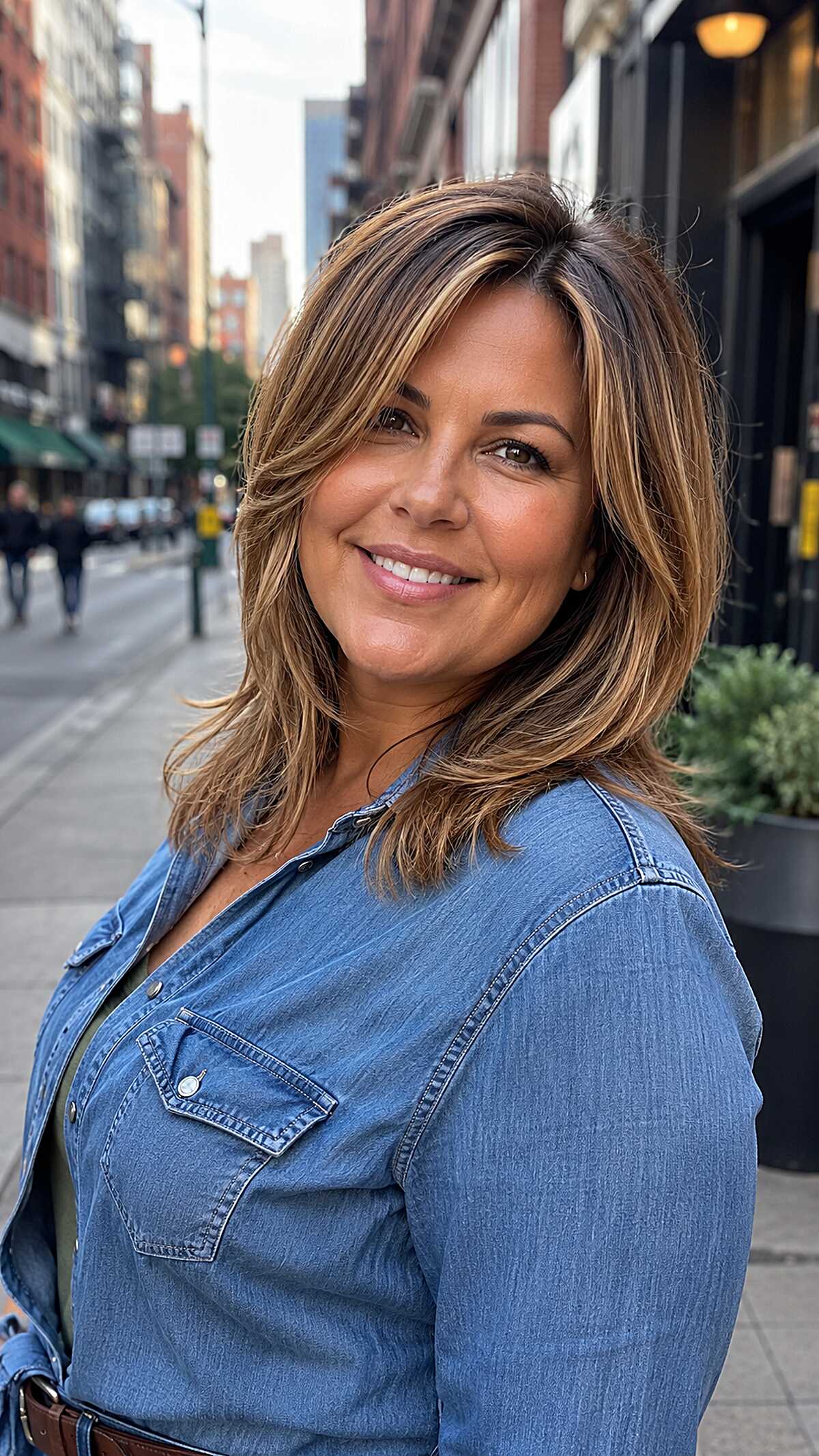 Highlighted brunette layered lob with piecey textured ends