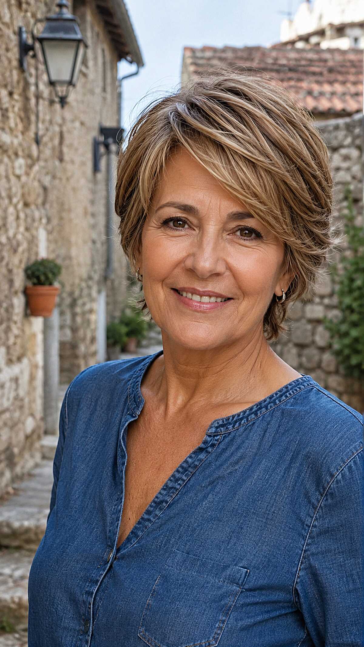 Highlighted caramel long pixie with flippy layers