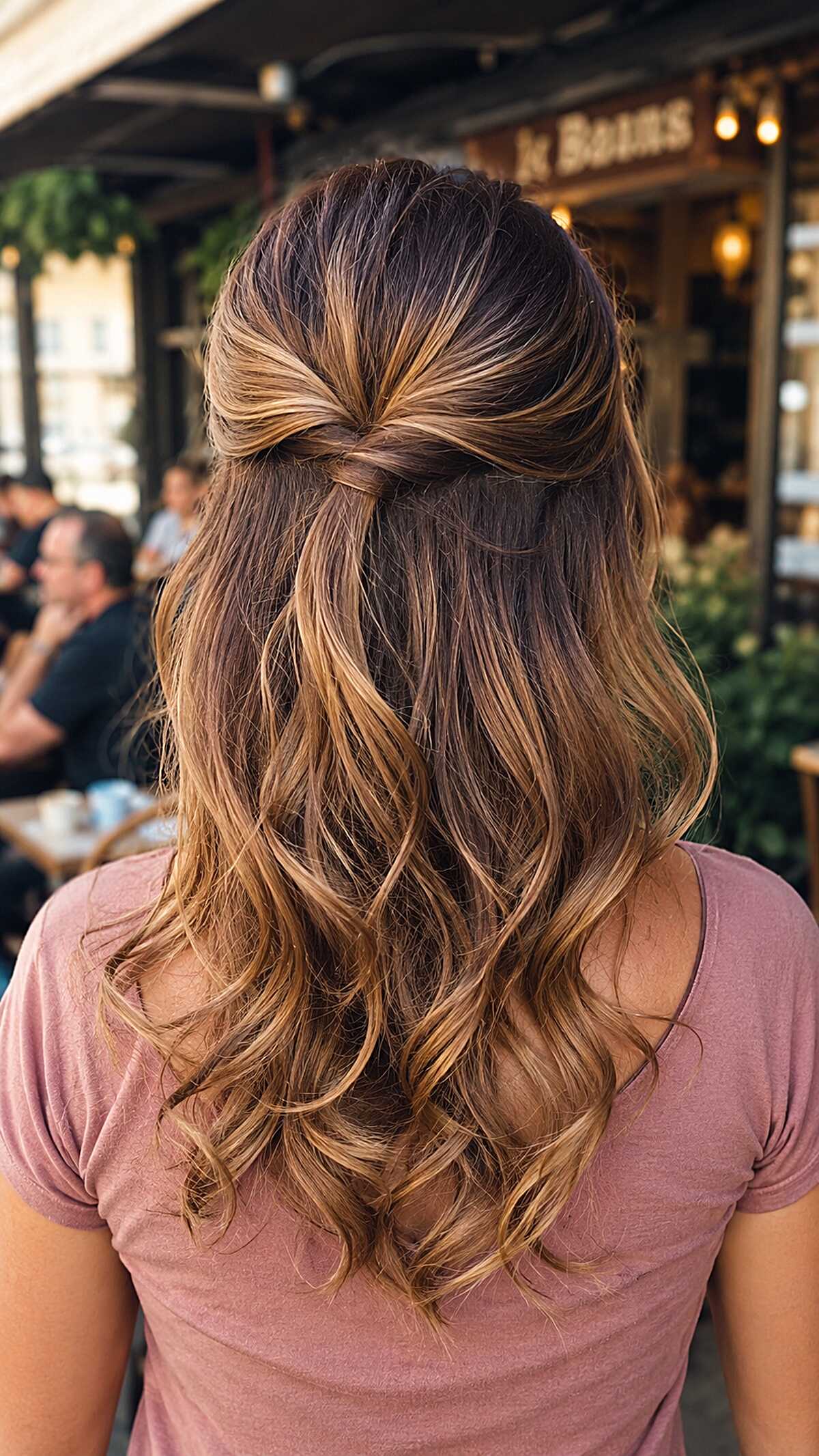 Medium length honey balayage half up twist with waves