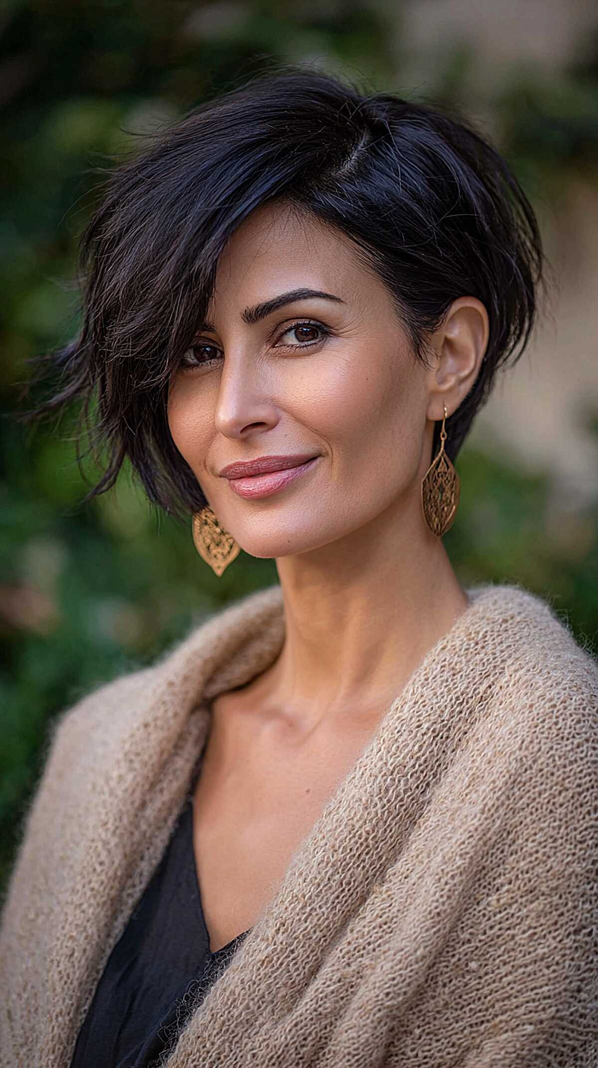 Black asymmetrical pixie bob with long side-swept pieces