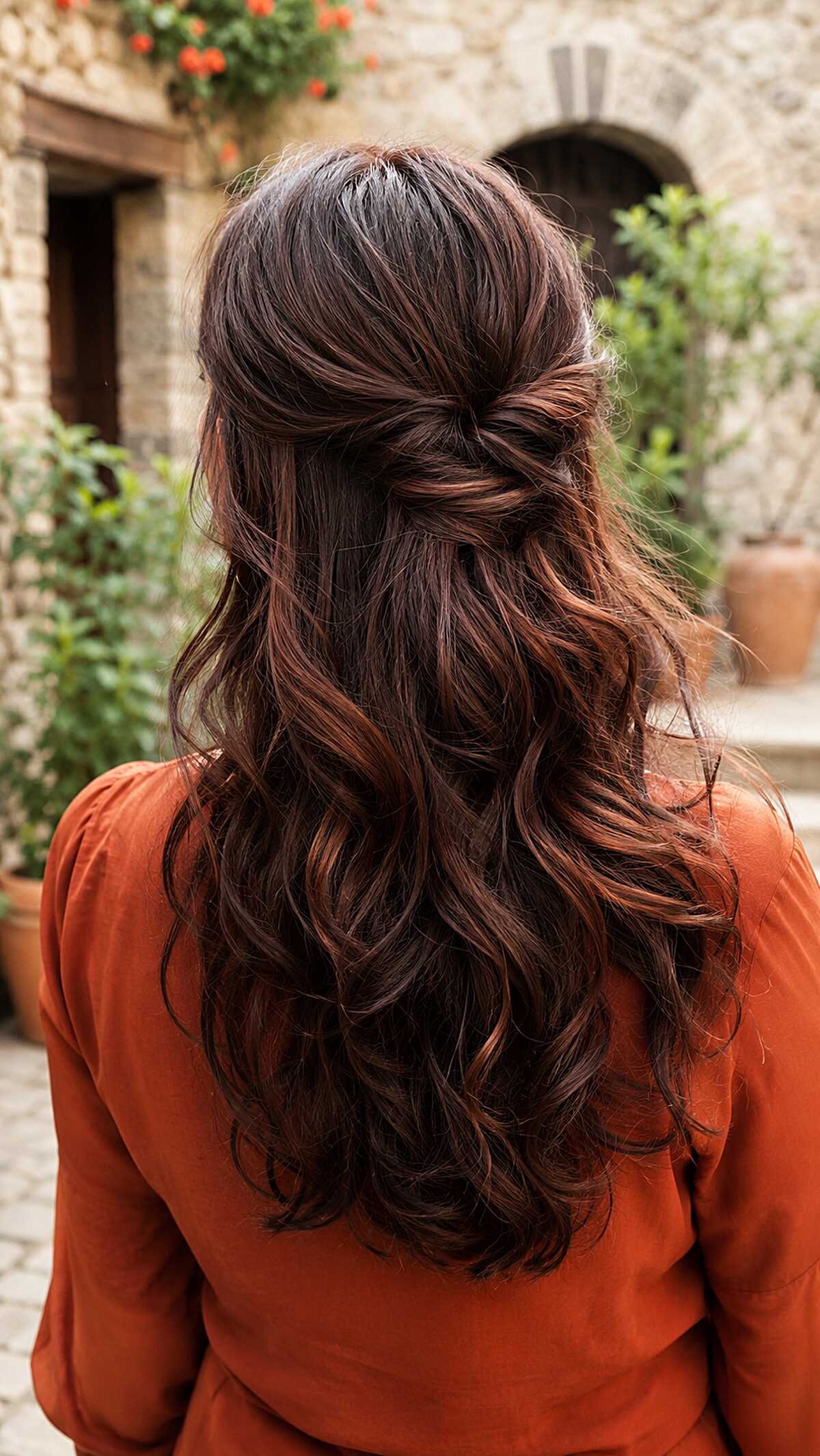 Long dark chocolate curls styled in a romantic half up