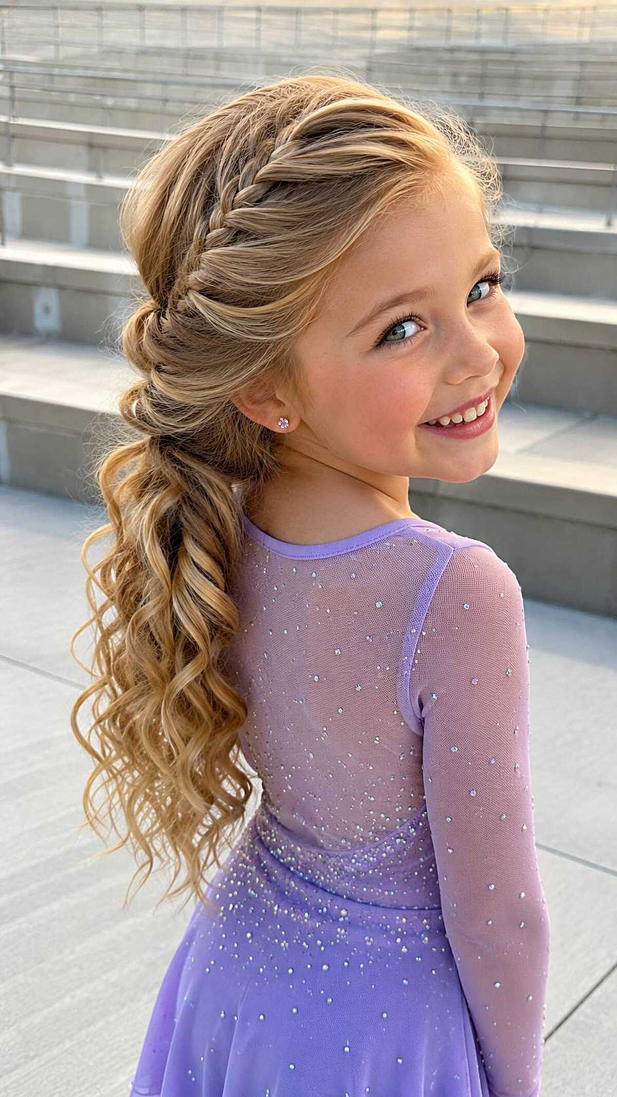 Girl with side fishtail braid flowing into curly ponytail