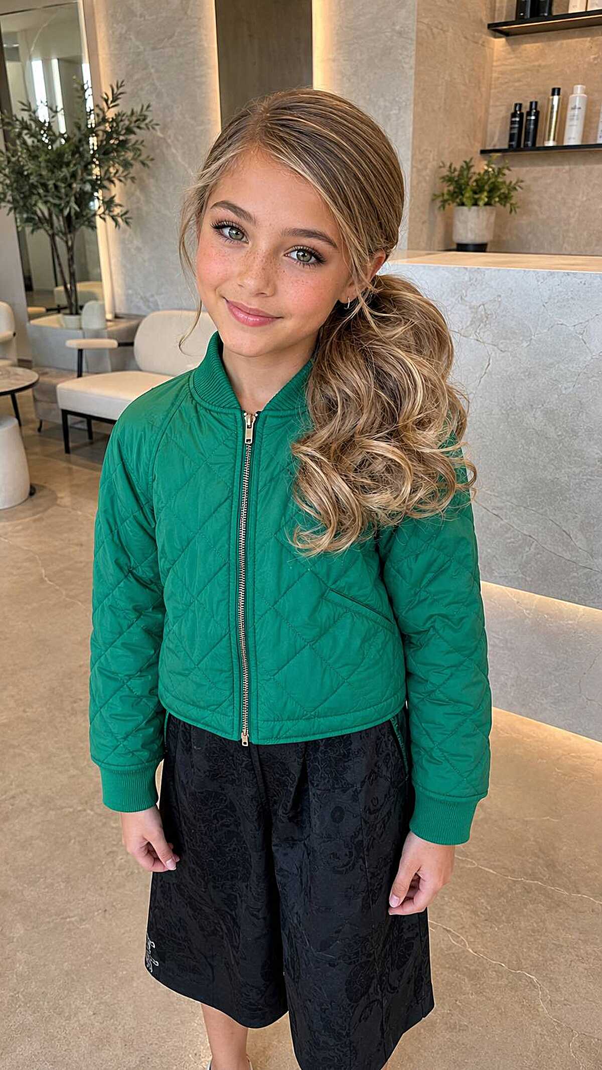 Girl with side-swept voluminous bouncy curled blowout