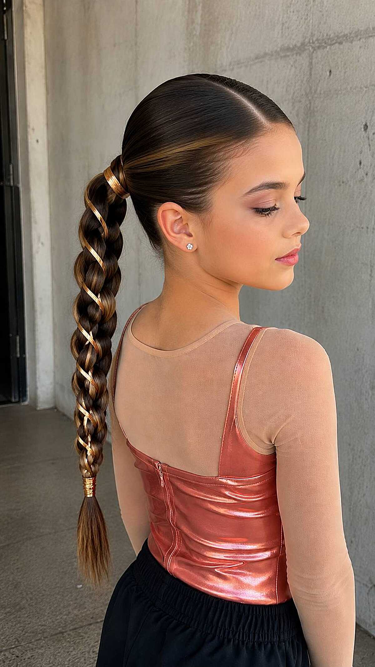 Girl with slicked high ponytail in a spiral rope twist