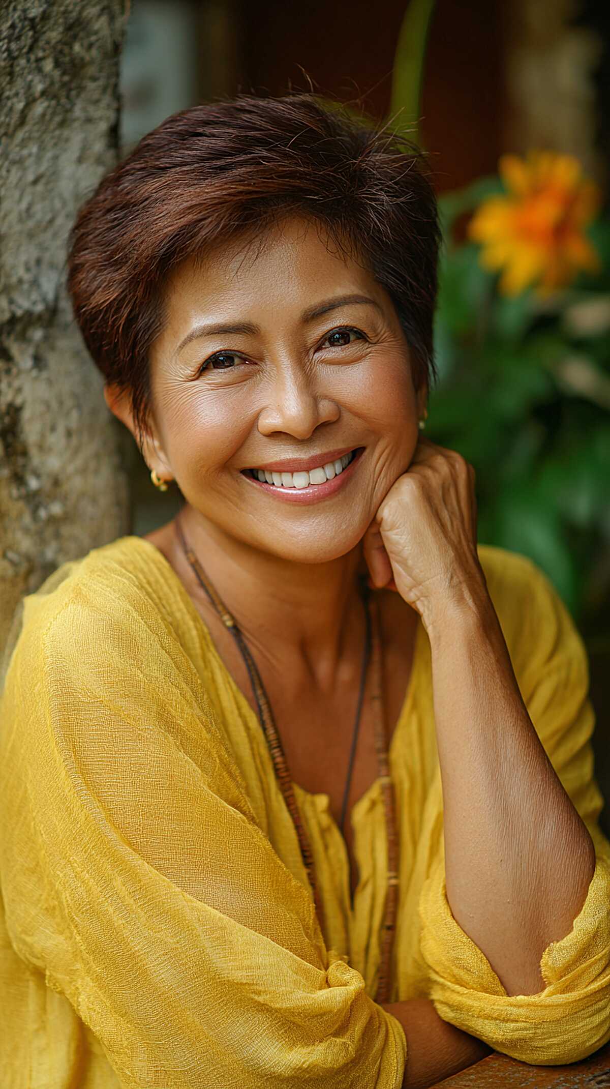 Soft chocolate brown pixie with face-framing layers