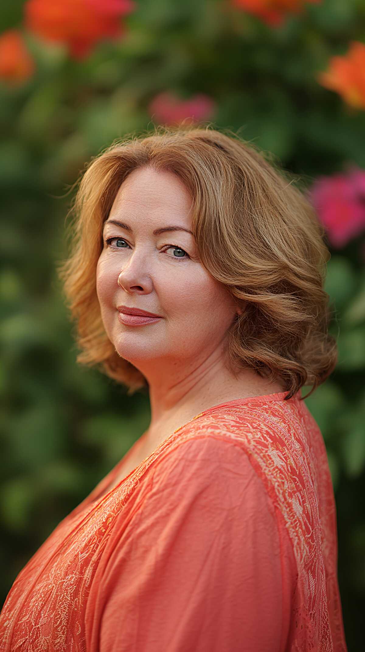 Soft strawberry blonde bob with rounded shape in a garden