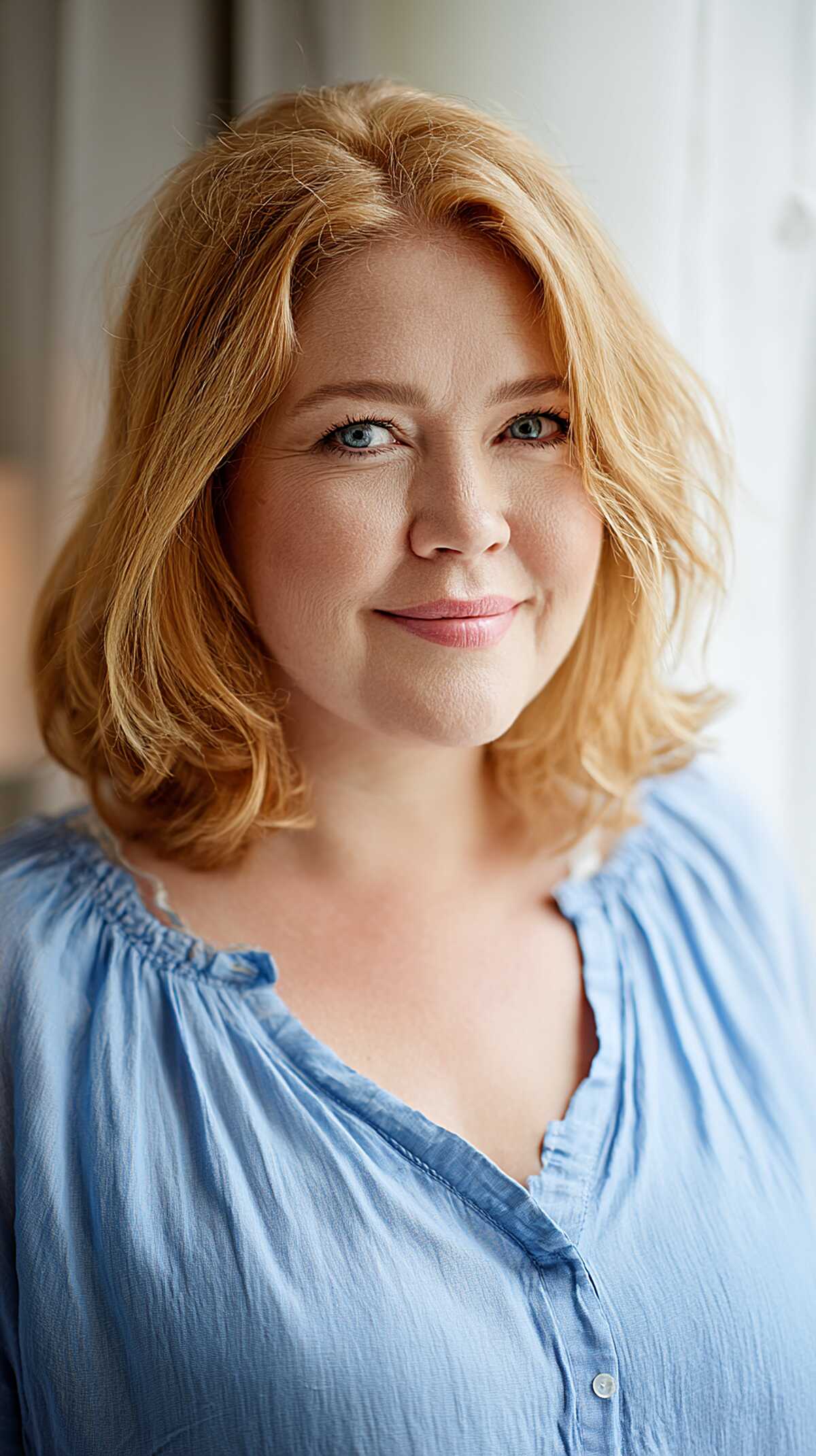 Strawberry blonde layered bob with gentle bend and warmth