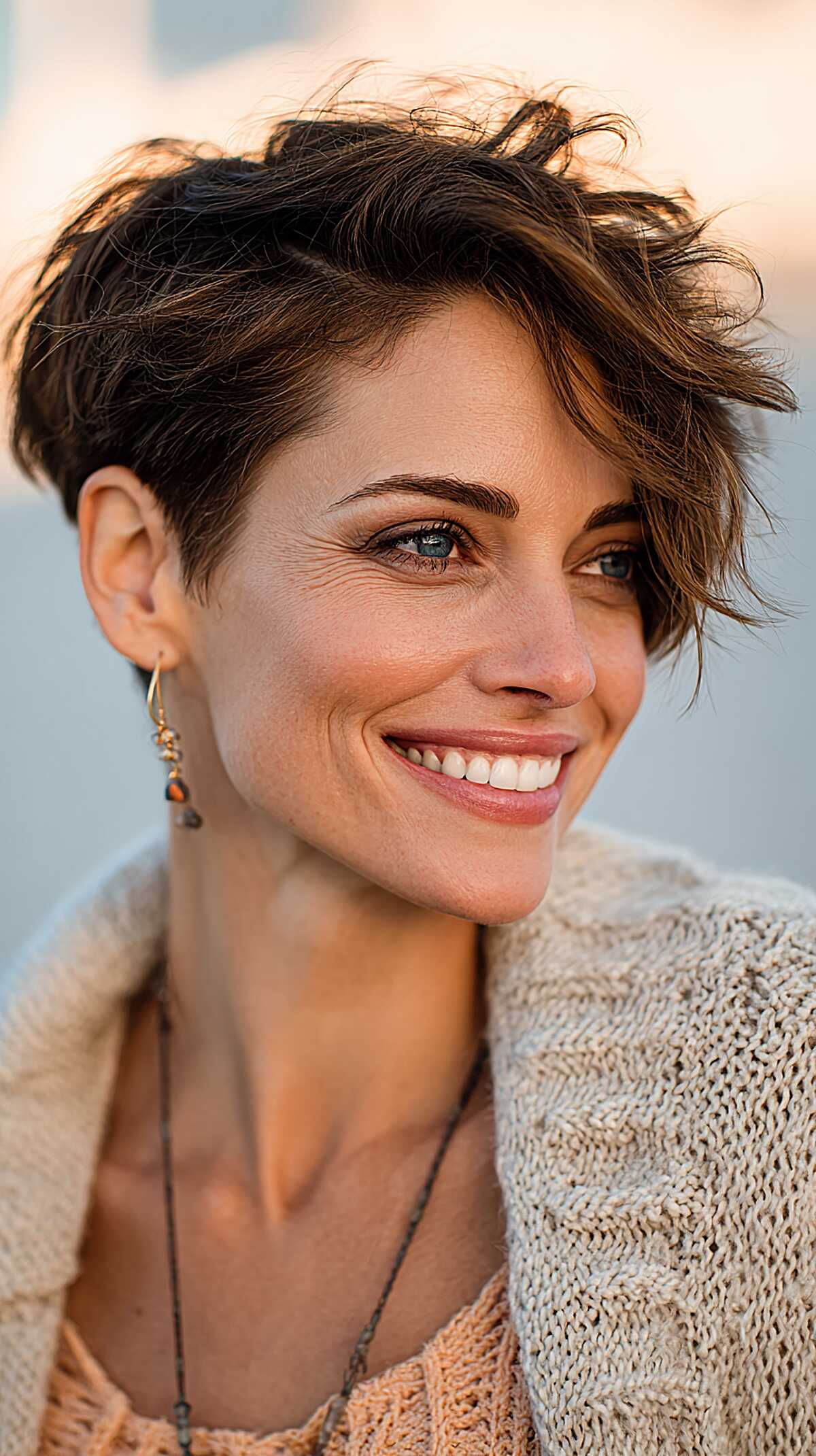 Short tousled brunette pixie with natural wave and lift